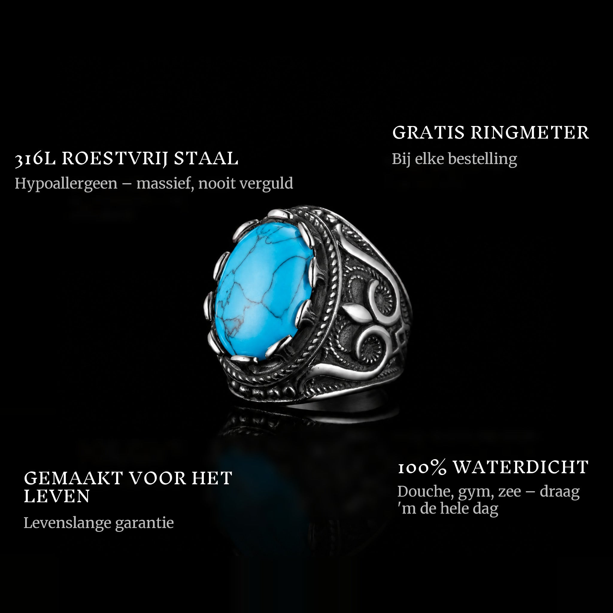 Blue Farao ring features: 316L stainless steel, free ring sizer in every order, 100% waterproof, lifetime guarantee