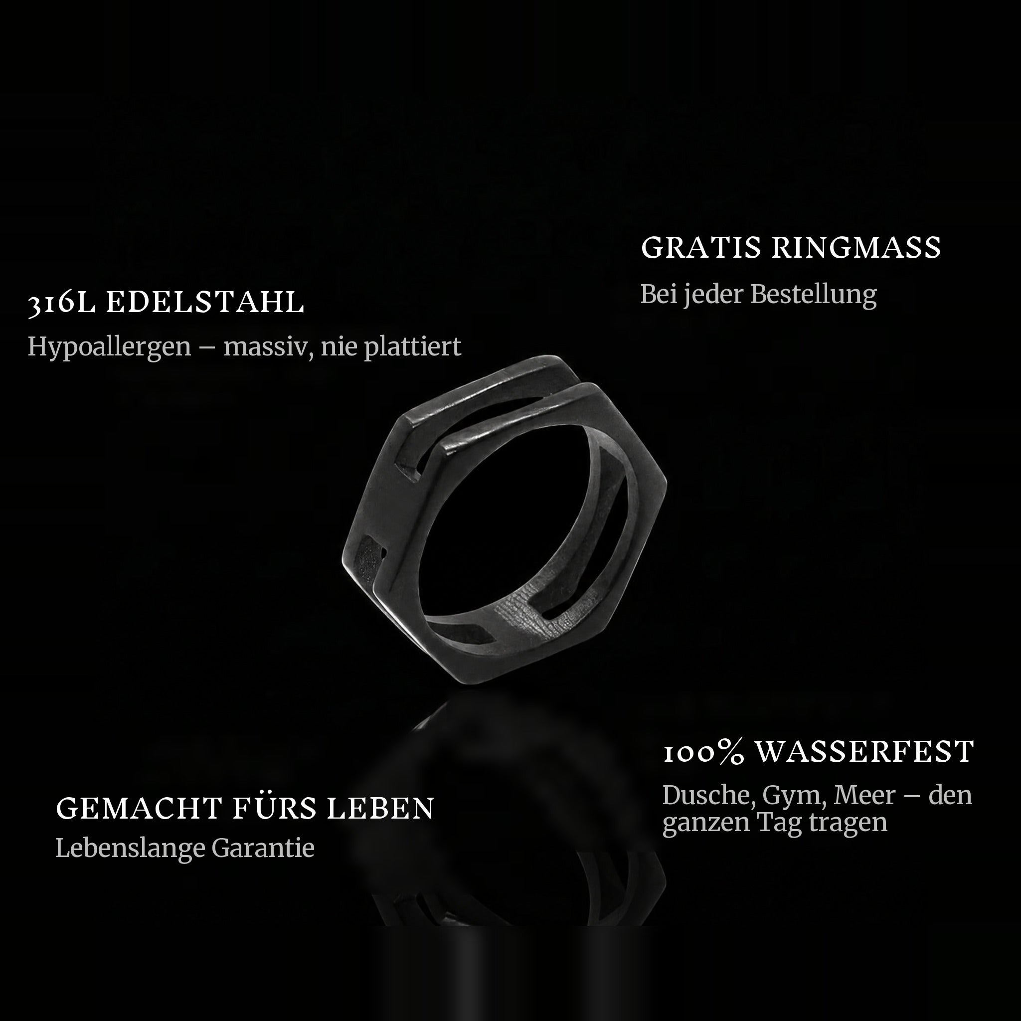 Bolt ring features: 316L stainless steel, free ring sizer in every order, 100% waterproof, lifetime guarantee