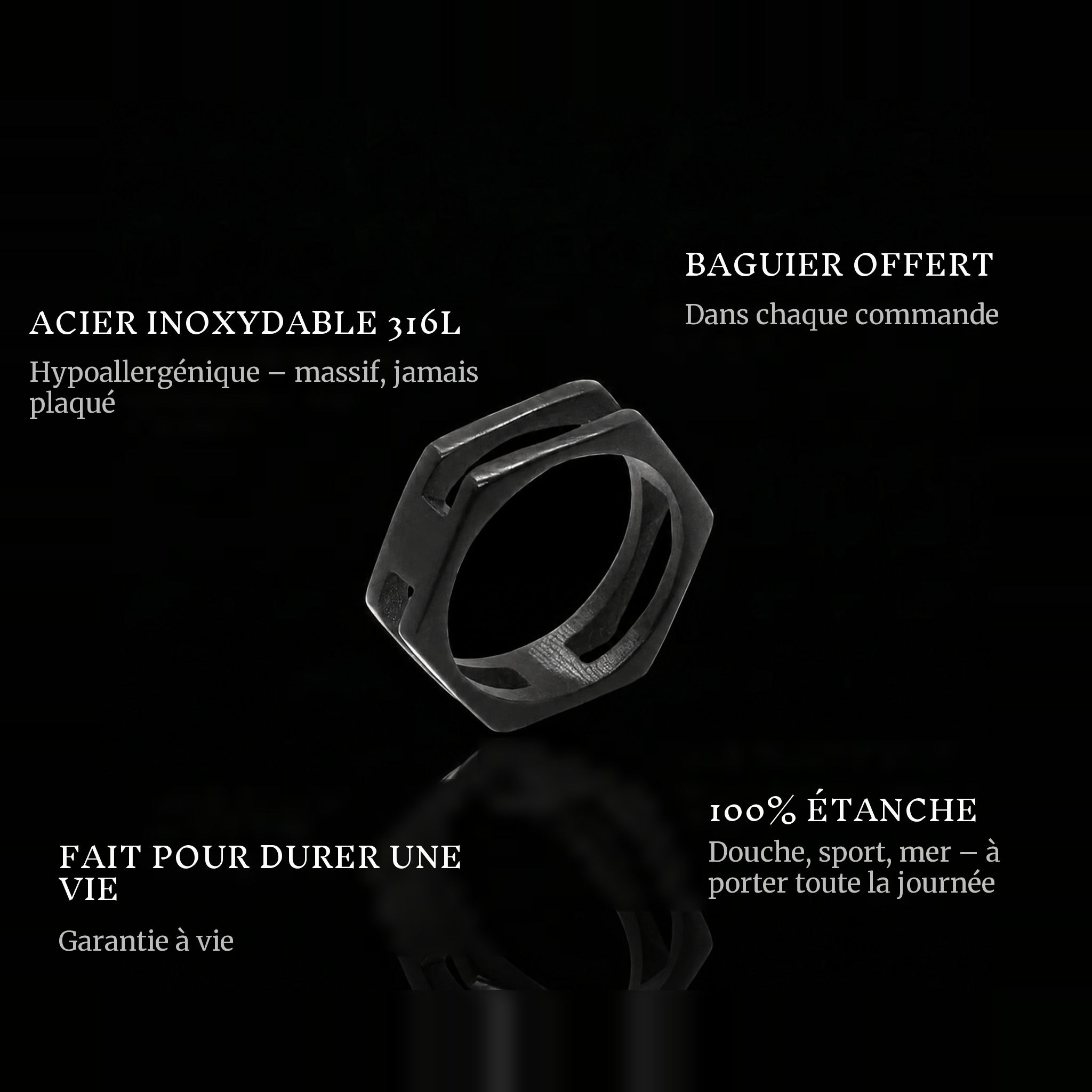 Bolt ring features: 316L stainless steel, free ring sizer in every order, 100% waterproof, lifetime guarantee