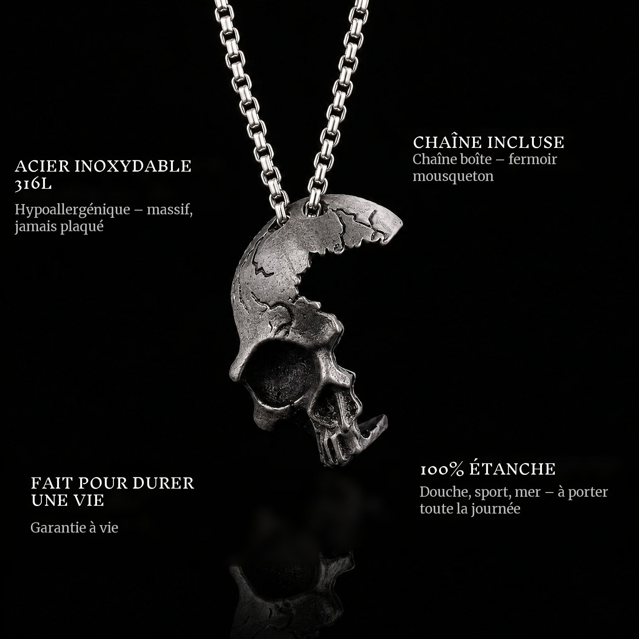 Broken Skull pendant features: 316L stainless steel, chain included, 100% waterproof, lifetime guarantee