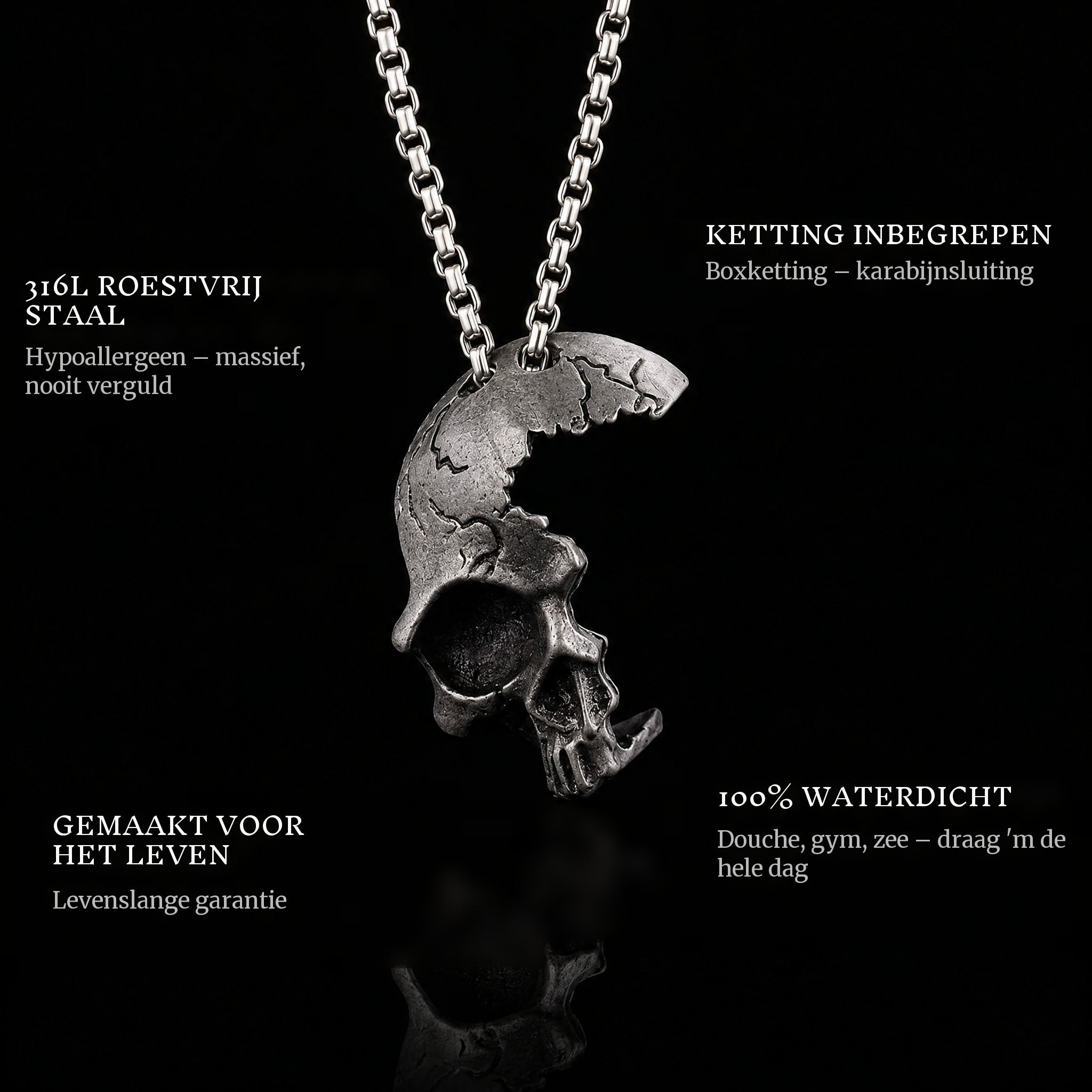 Broken Skull pendant features: 316L stainless steel, chain included, 100% waterproof, lifetime guarantee