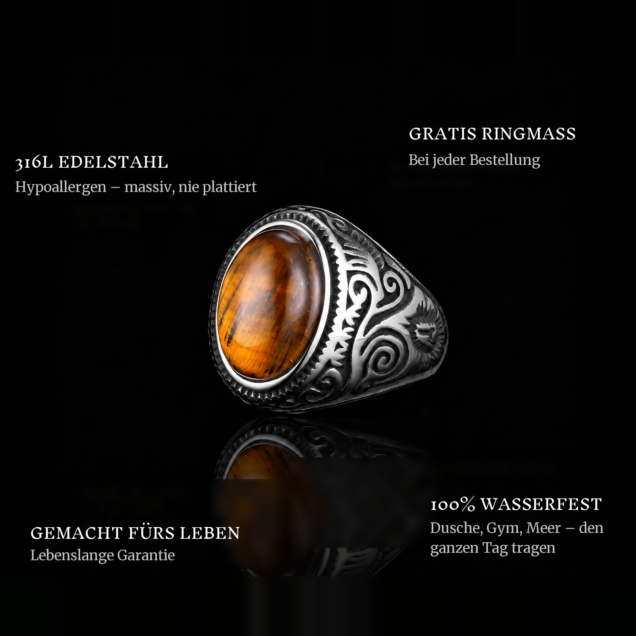 Brown Eyes ring features: 316L stainless steel, free ring sizer in every order, 100% waterproof, lifetime guarantee
