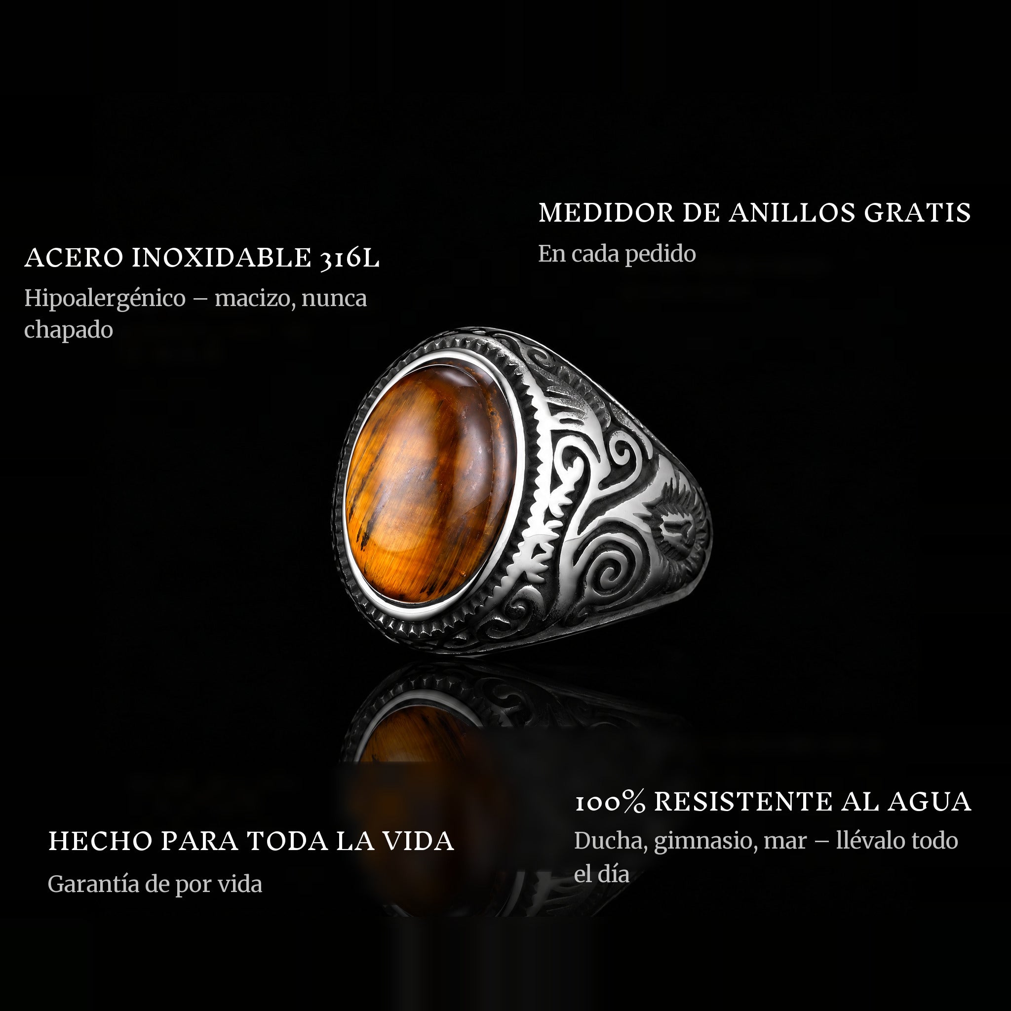 Brown Eyes ring features: 316L stainless steel, free ring sizer in every order, 100% waterproof, lifetime guarantee