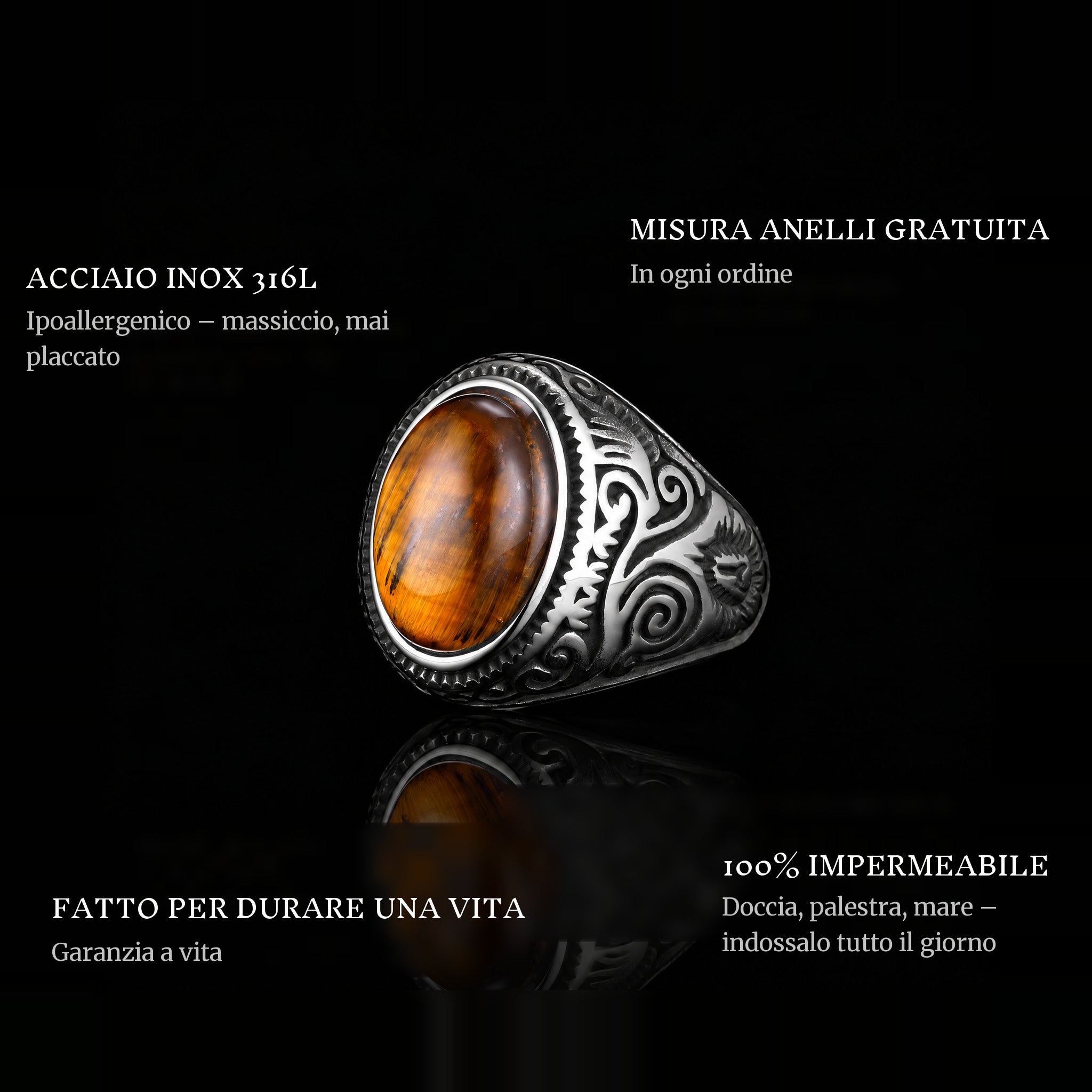 Brown Eyes ring features: 316L stainless steel, free ring sizer in every order, 100% waterproof, lifetime guarantee