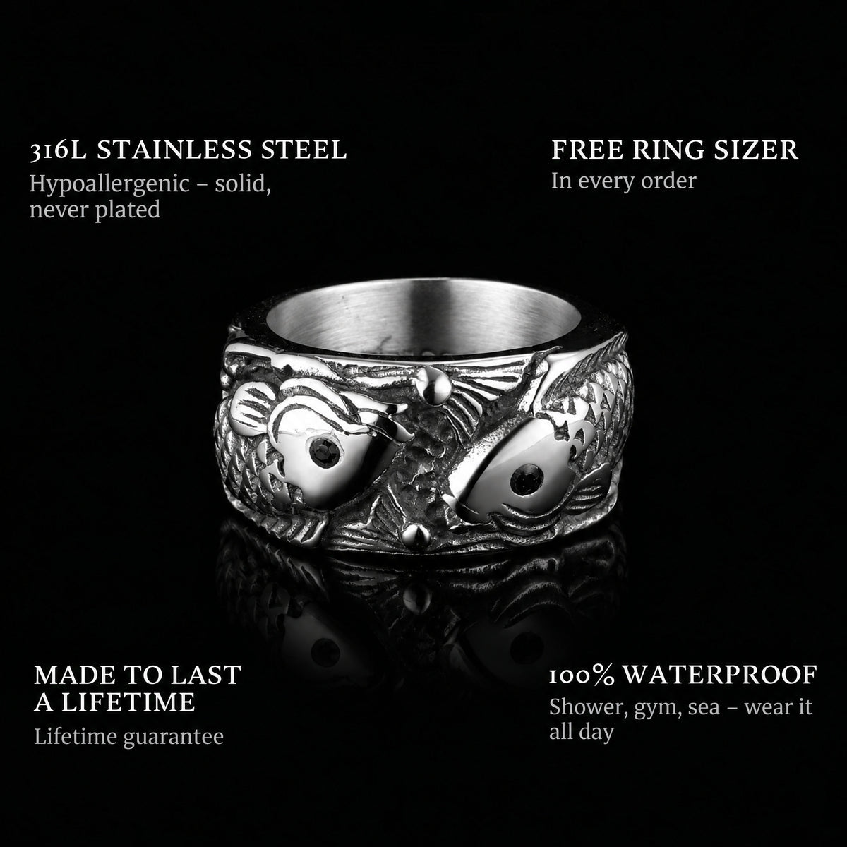 Catching Carps ring features: 316L stainless steel, free ring sizer in every order, 100% waterproof, lifetime guarantee