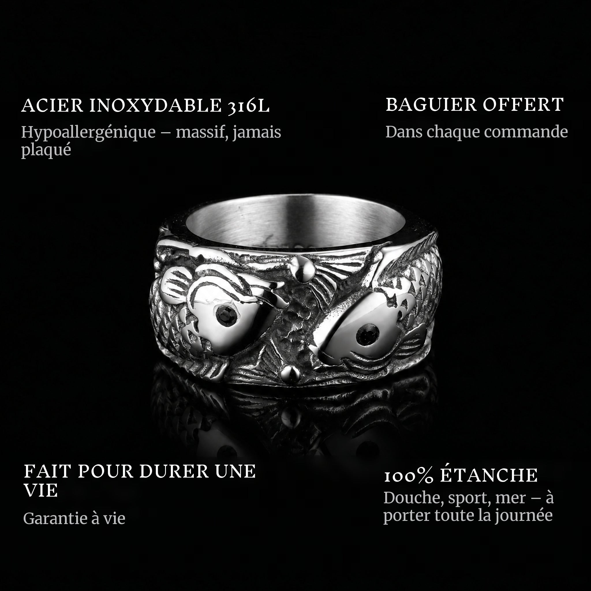 Catching Carps ring features: 316L stainless steel, free ring sizer in every order, 100% waterproof, lifetime guarantee