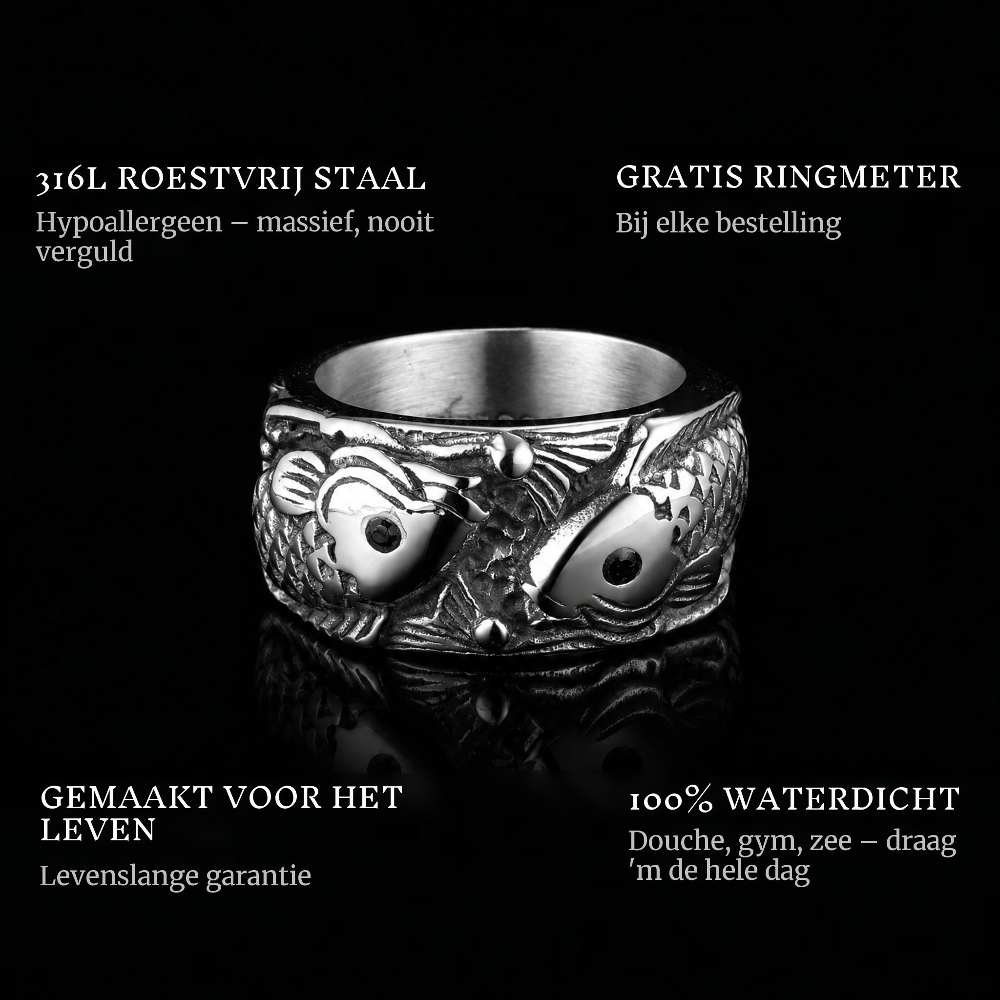 Catching Carps ring features: 316L stainless steel, free ring sizer in every order, 100% waterproof, lifetime guarantee
