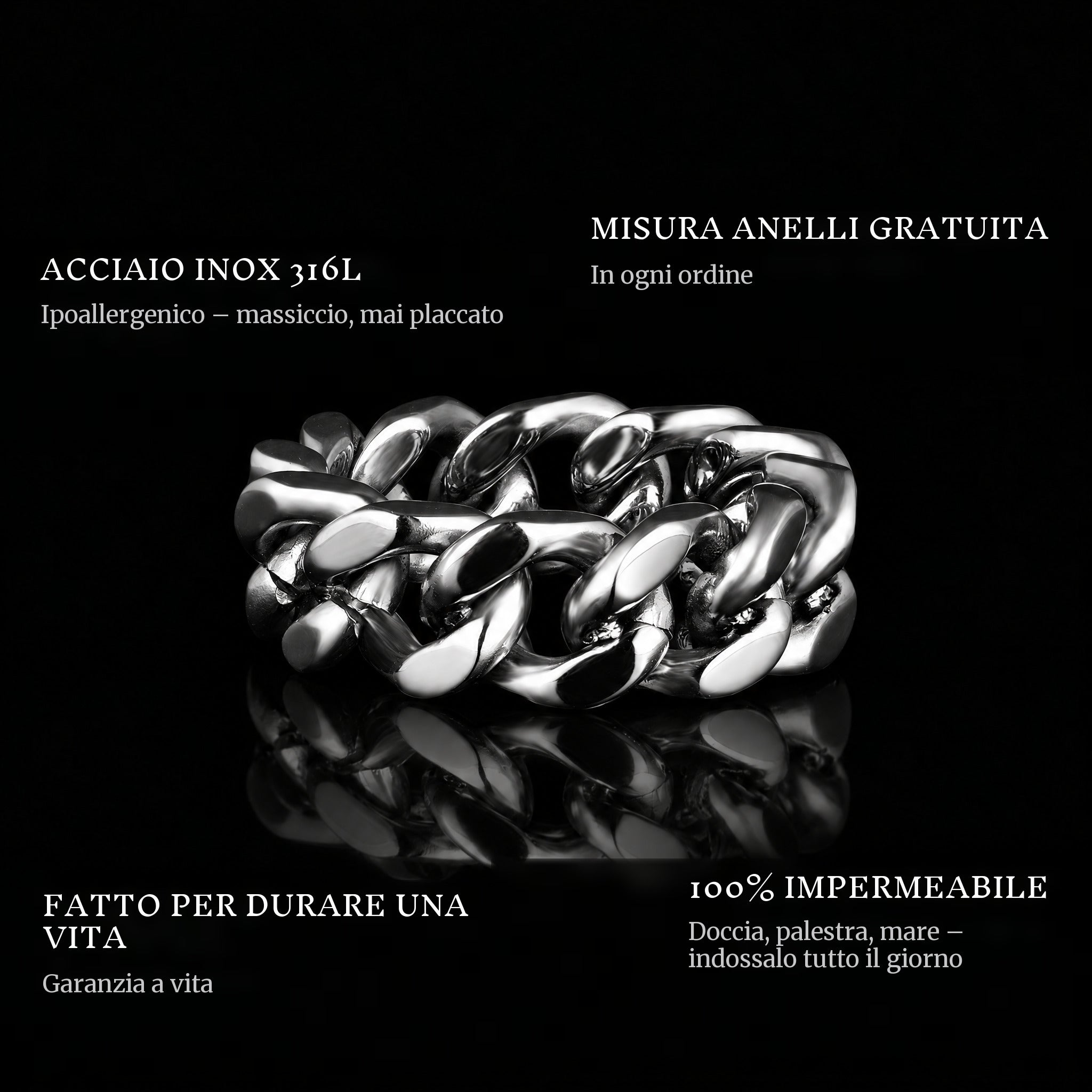 Chain Iii ring features: 316L stainless steel, free ring sizer in every order, 100% waterproof, lifetime guarantee