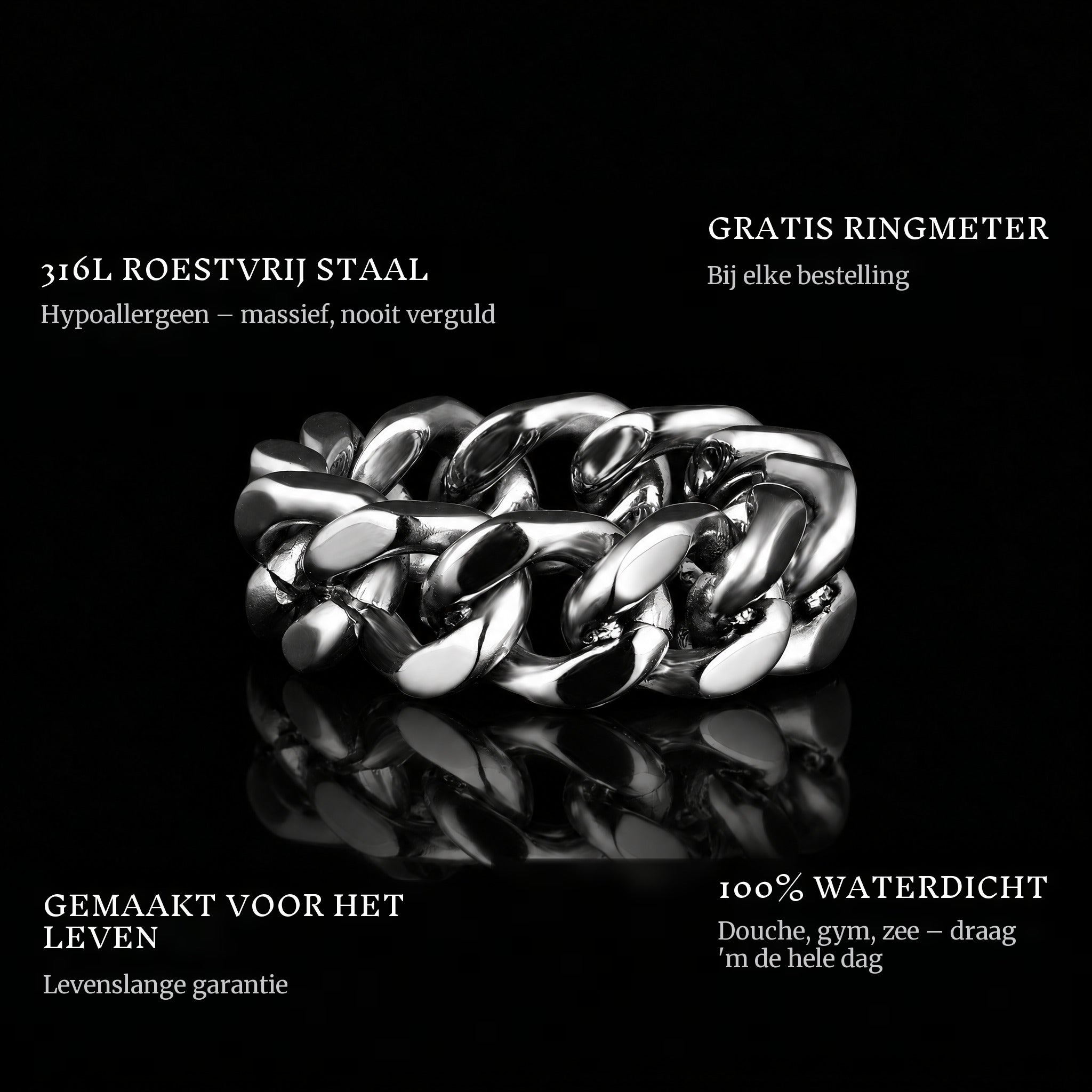 Chain Iii ring features: 316L stainless steel, free ring sizer in every order, 100% waterproof, lifetime guarantee