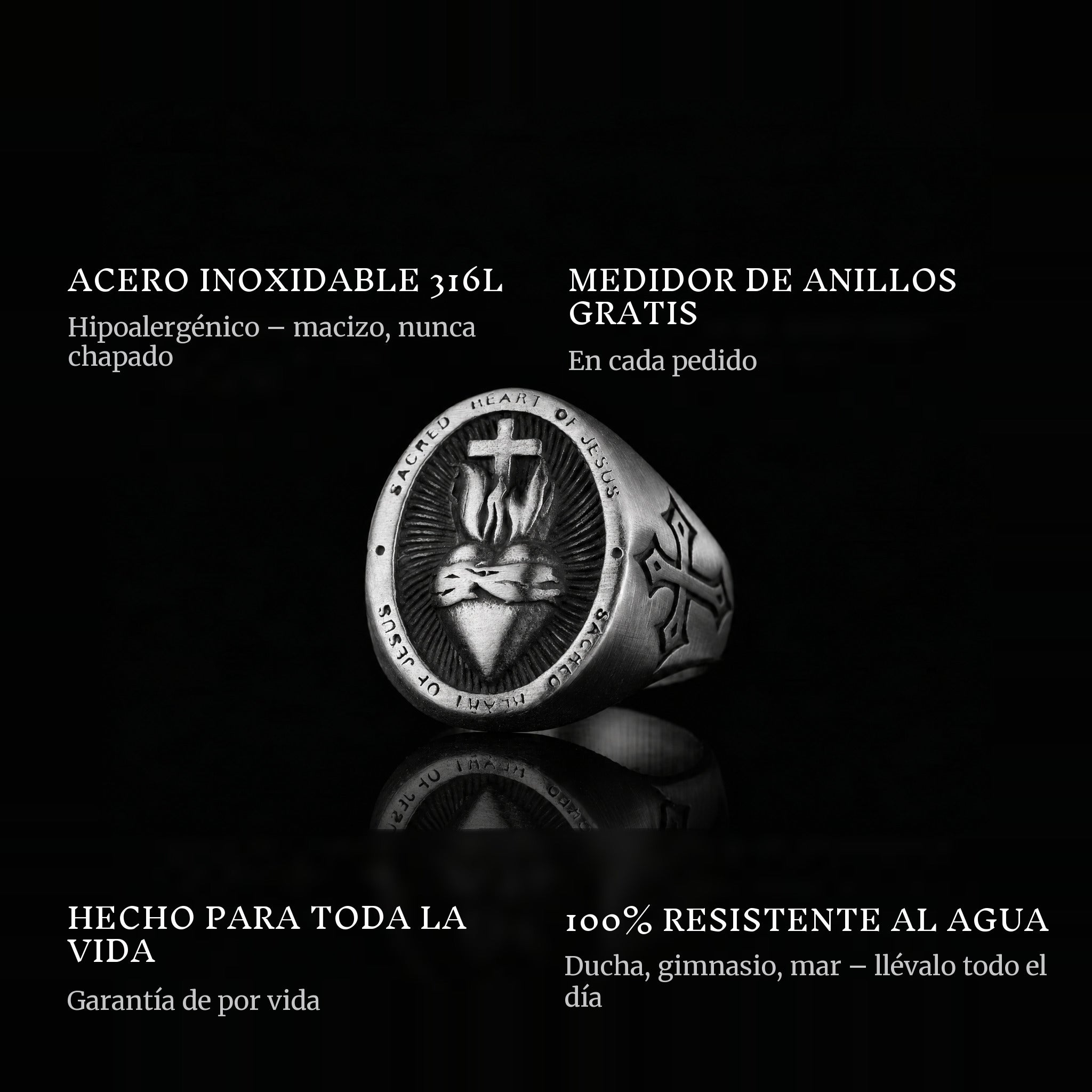 Sacred Heart ring features: 316L stainless steel, free ring sizer in every order, 100% waterproof, lifetime guarantee