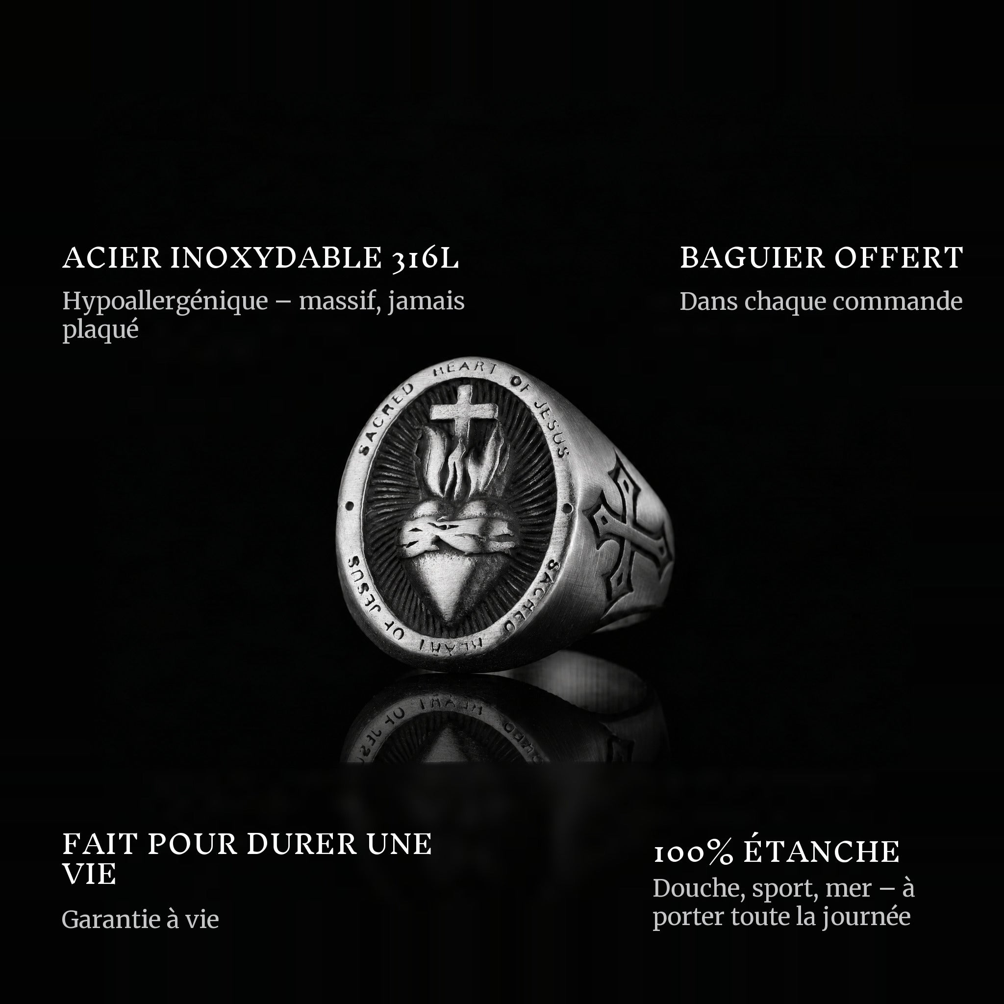 Sacred Heart ring features: 316L stainless steel, free ring sizer in every order, 100% waterproof, lifetime guarantee