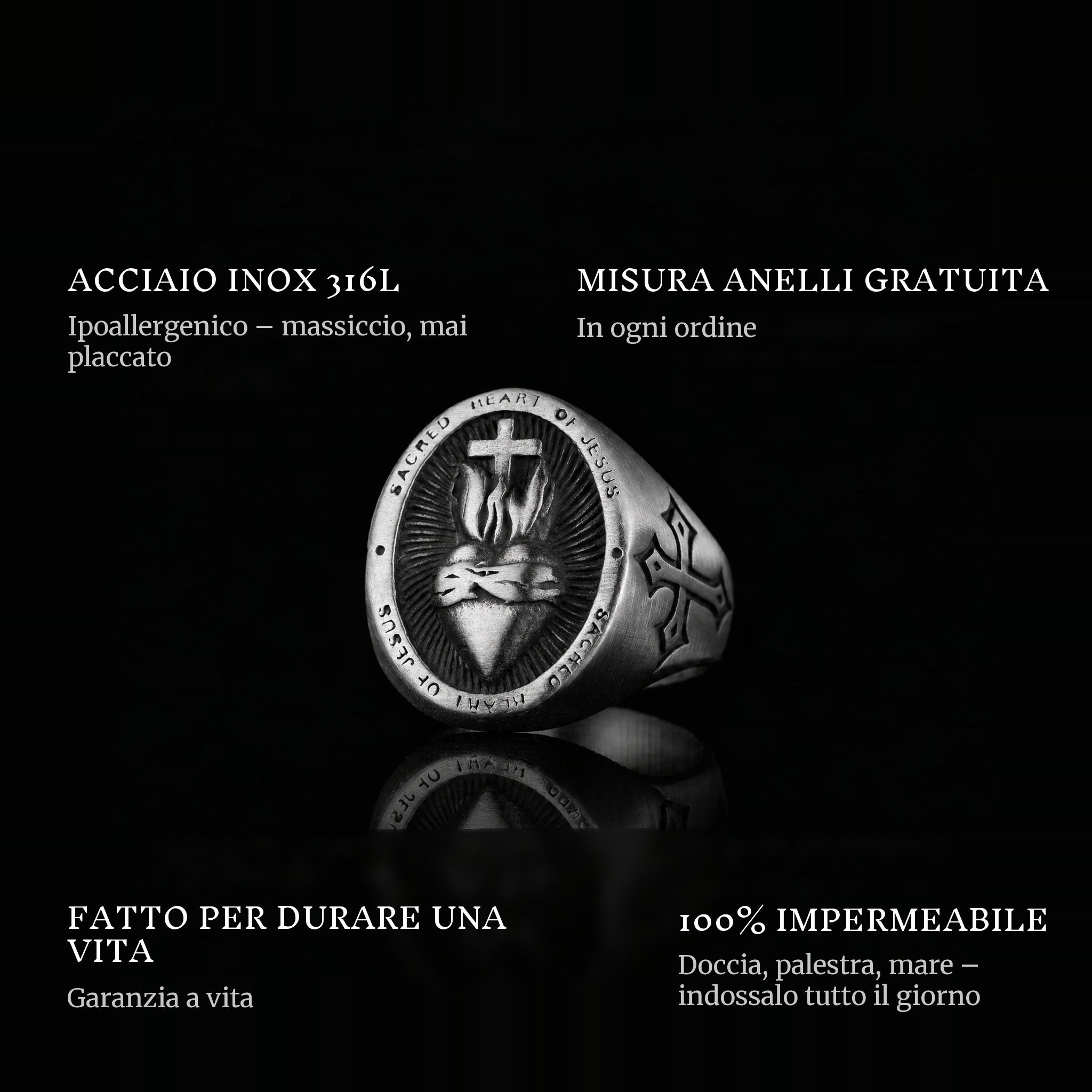 Sacred Heart ring features: 316L stainless steel, free ring sizer in every order, 100% waterproof, lifetime guarantee