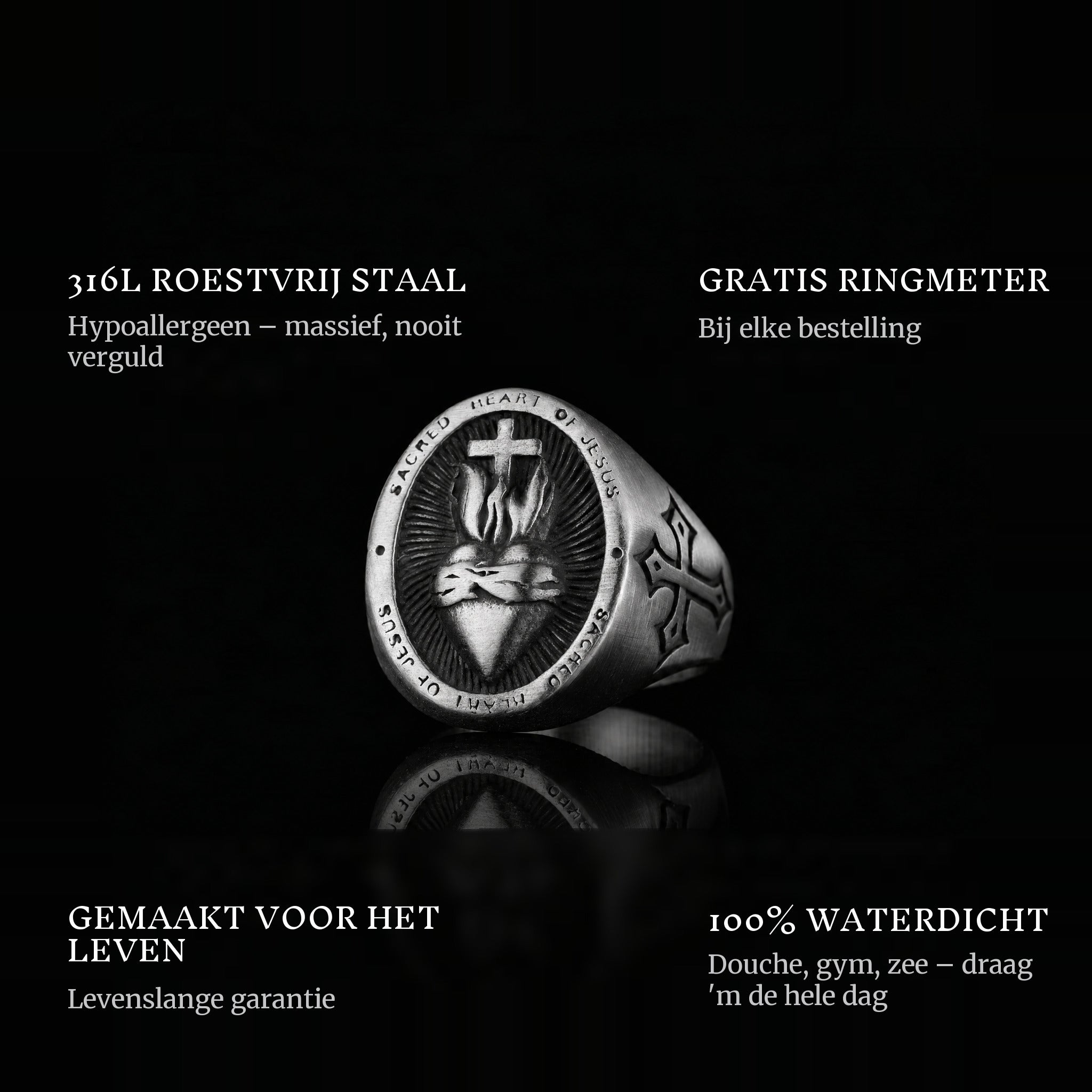 Sacred Heart ring features: 316L stainless steel, free ring sizer in every order, 100% waterproof, lifetime guarantee