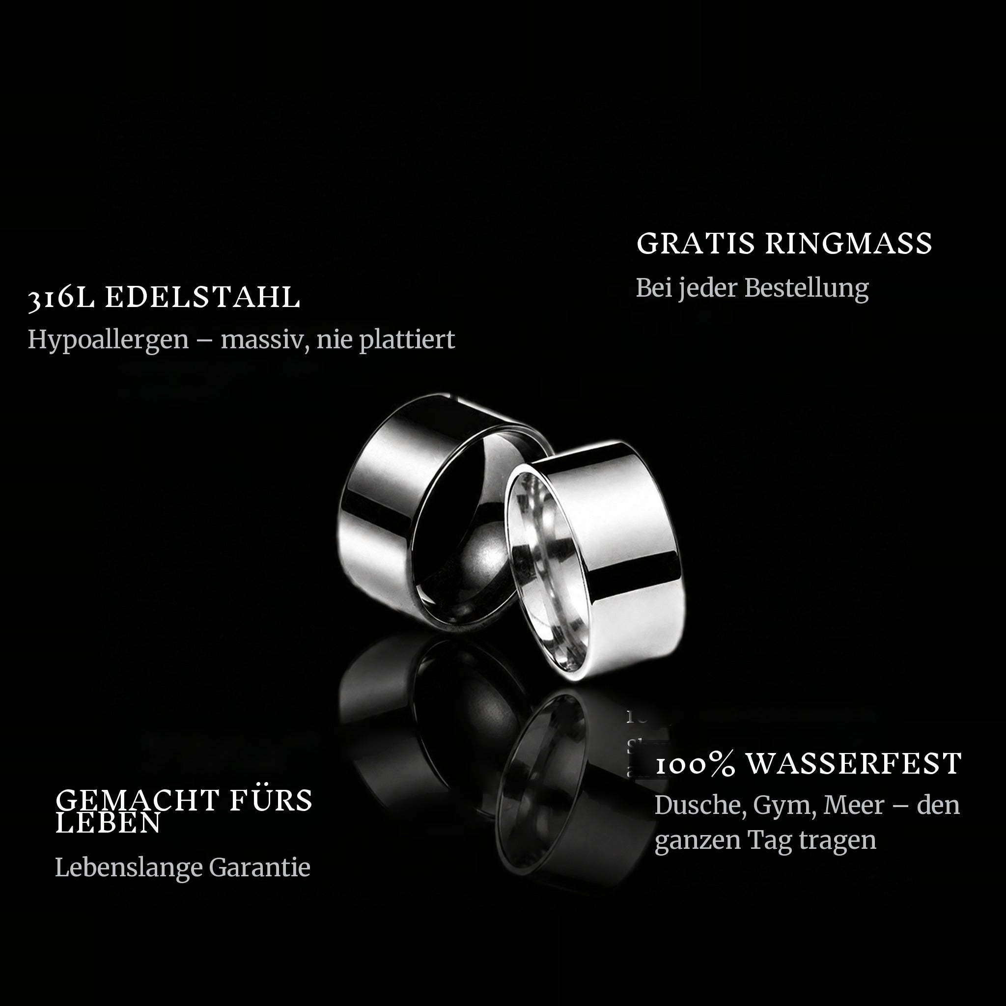 Chrome ring features: 316L stainless steel, free ring sizer in every order, 100% waterproof, lifetime guarantee