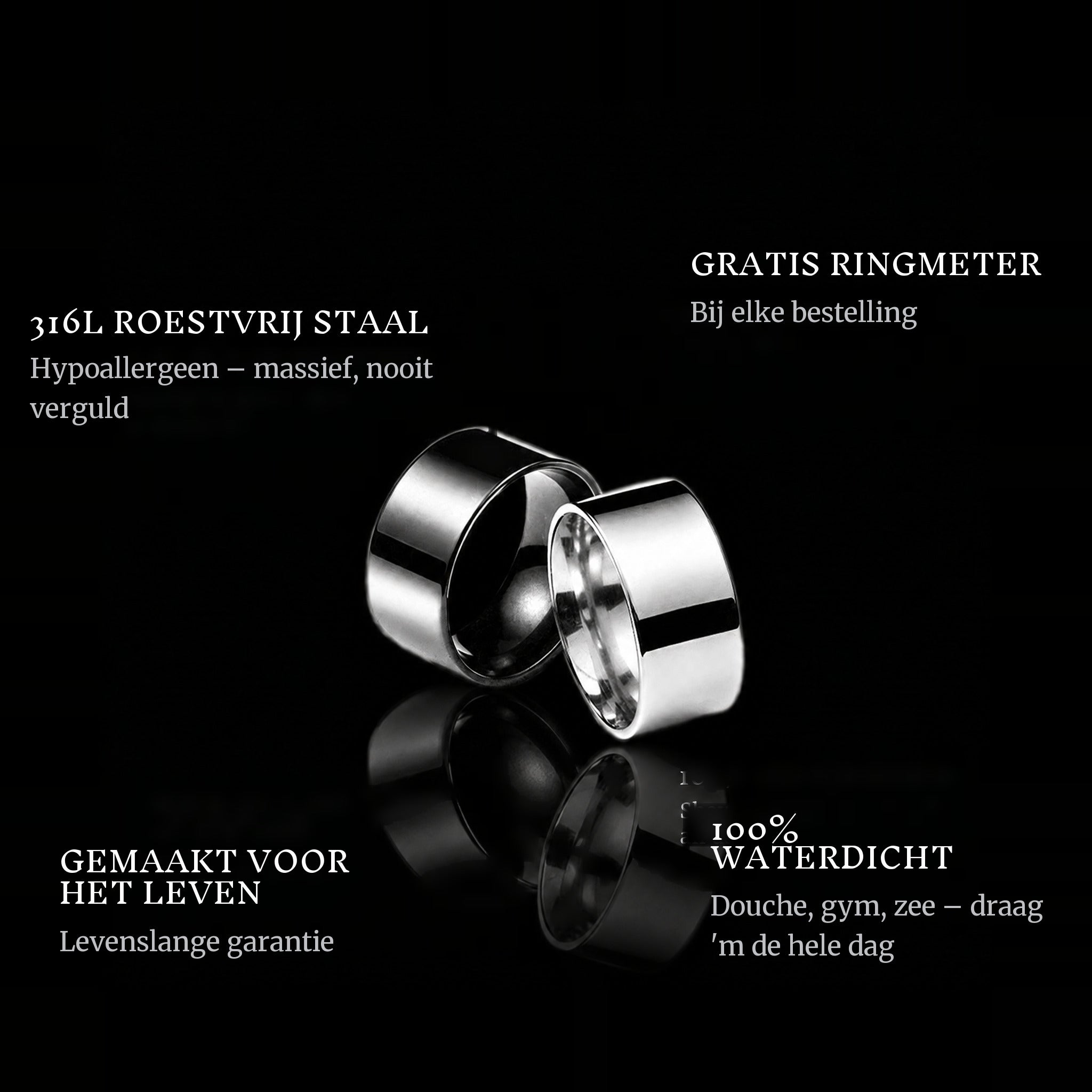 Chrome ring features: 316L stainless steel, free ring sizer in every order, 100% waterproof, lifetime guarantee