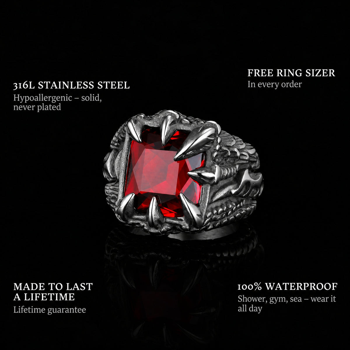 Claw Of Drago ring features: 316L stainless steel, free ring sizer in every order, 100% waterproof, lifetime guarantee