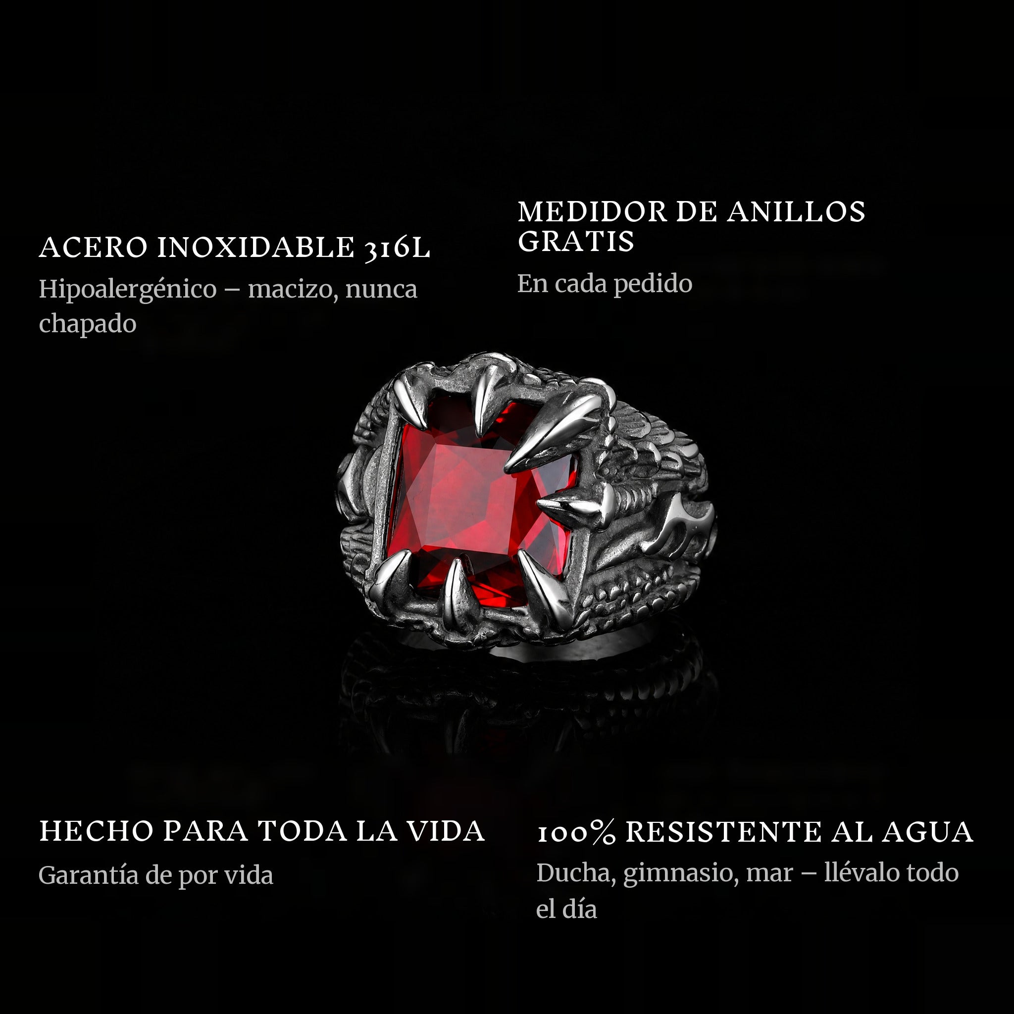Claw Of Drago ring features: 316L stainless steel, free ring sizer in every order, 100% waterproof, lifetime guarantee