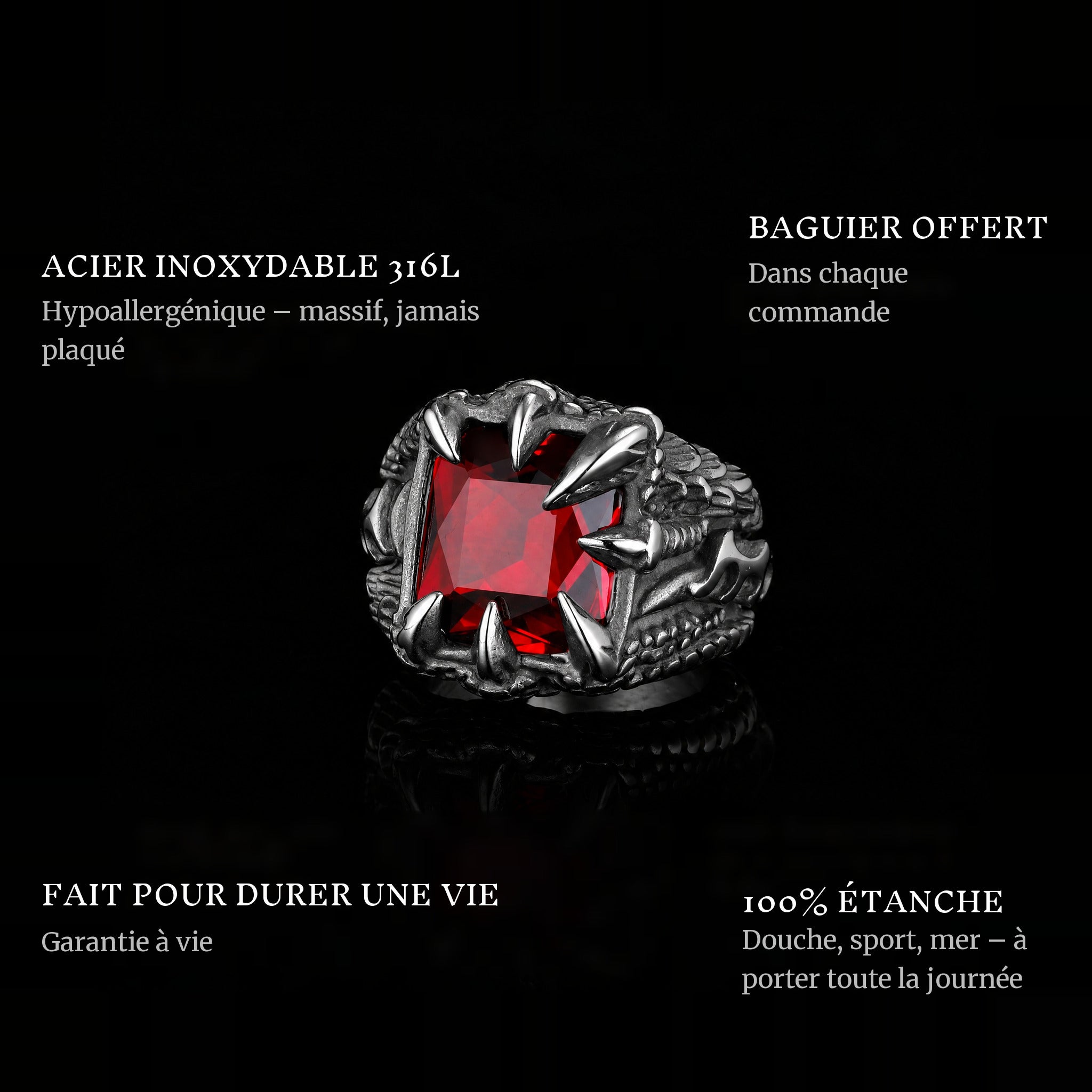 Claw Of Drago ring features: 316L stainless steel, free ring sizer in every order, 100% waterproof, lifetime guarantee