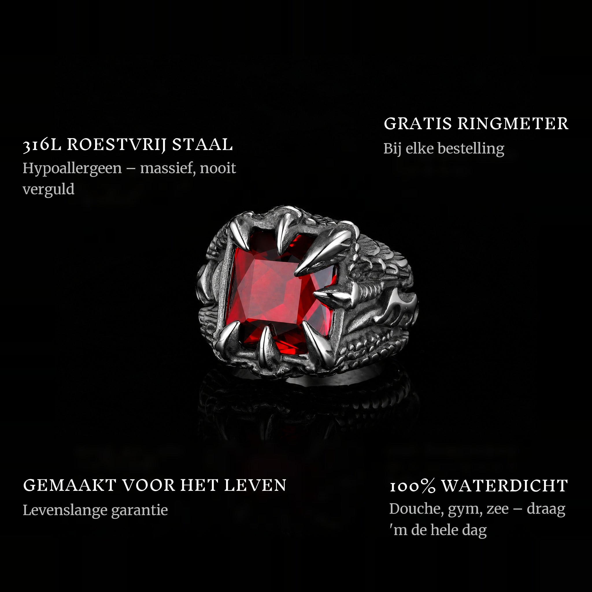 Claw Of Drago ring features: 316L stainless steel, free ring sizer in every order, 100% waterproof, lifetime guarantee