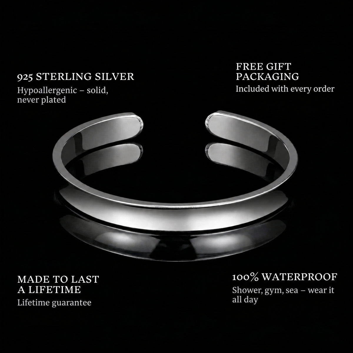 Clean Bangle features: 925 sterling silver, free gift packaging, 100% waterproof, lifetime guarantee