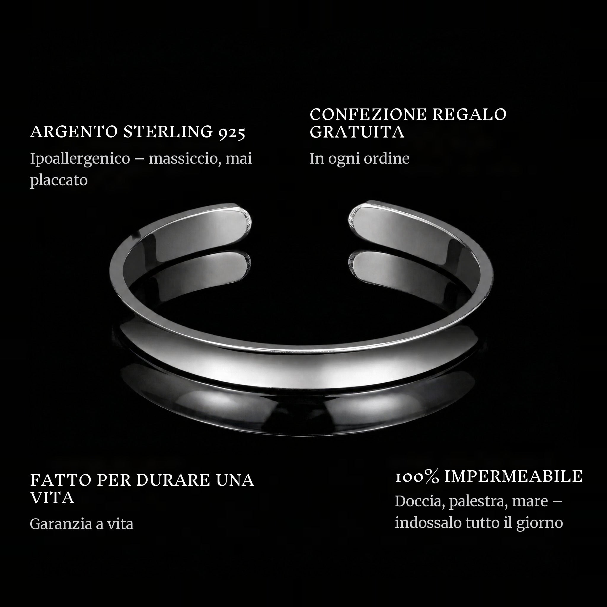 Clean Bangle features: 925 sterling silver, free gift packaging, 100% waterproof, lifetime guarantee