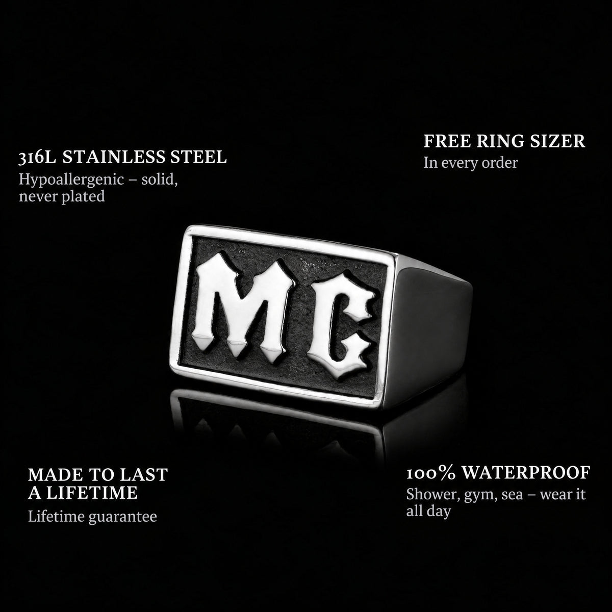 Clubmember ring features: 316L stainless steel, free ring sizer in every order, 100% waterproof, lifetime guarantee