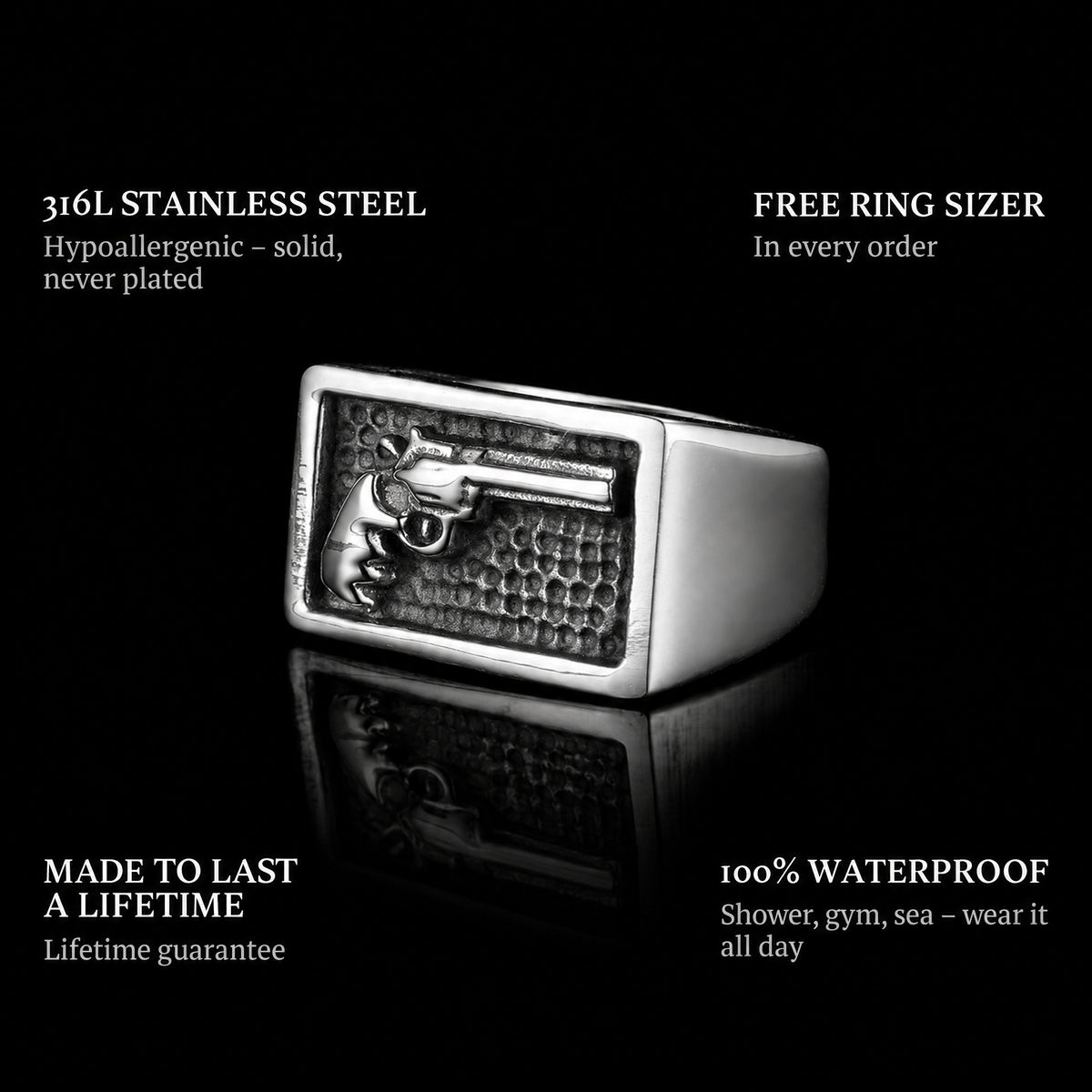 Colt ring features: 316L stainless steel, free ring sizer in every order, 100% waterproof, lifetime guarantee