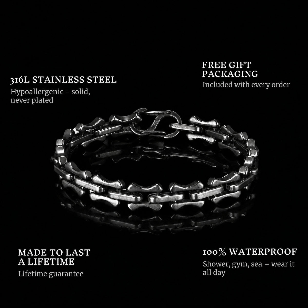 Commander features: 316L stainless steel, free gift packaging, 100% waterproof, lifetime guarantee