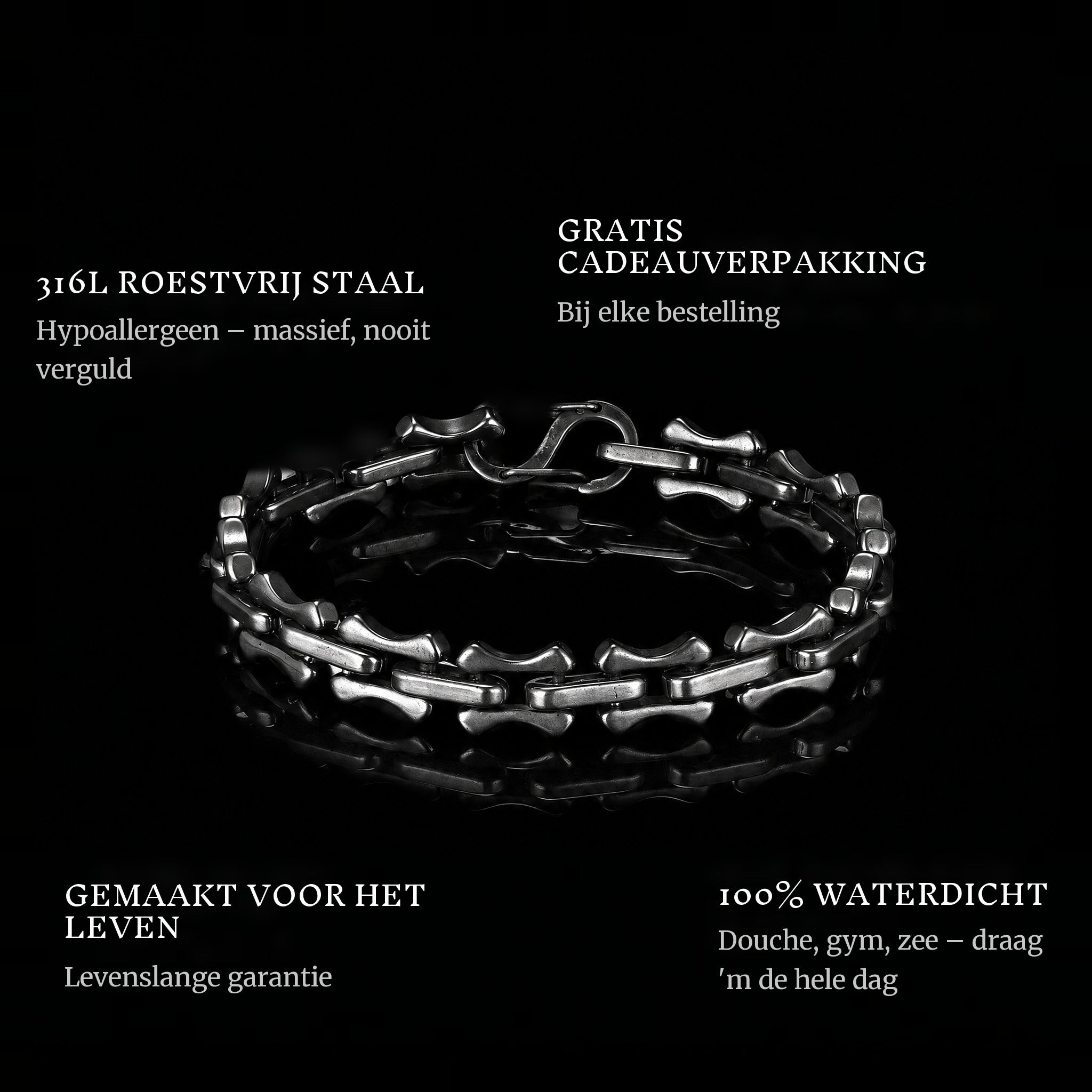 Commander features: 316L stainless steel, free gift packaging, 100% waterproof, lifetime guarantee