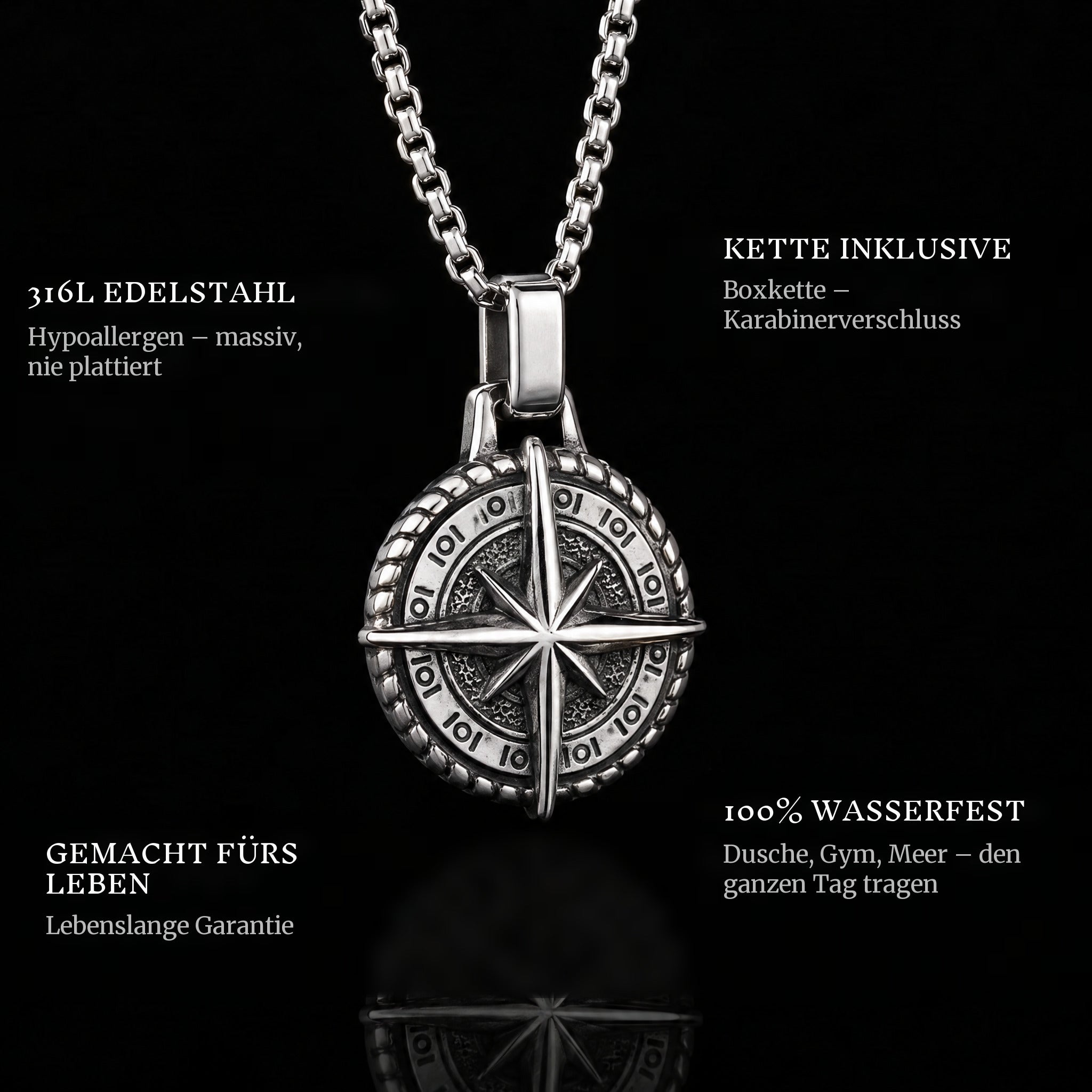 Compass Of Life pendant features: 316L stainless steel, chain included, 100% waterproof, lifetime guarantee