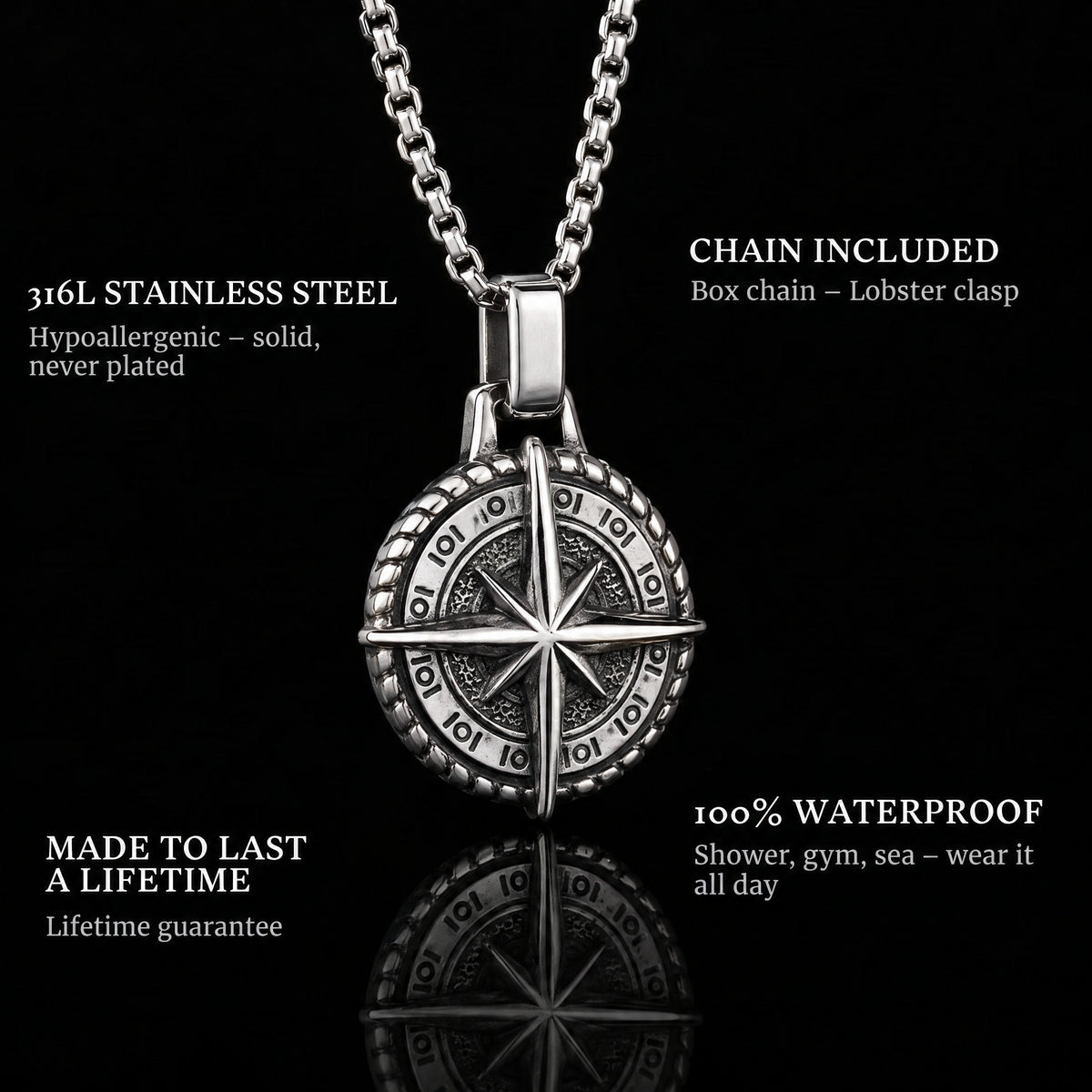 Compass Of Life pendant features: 316L stainless steel, chain included, 100% waterproof, lifetime guarantee