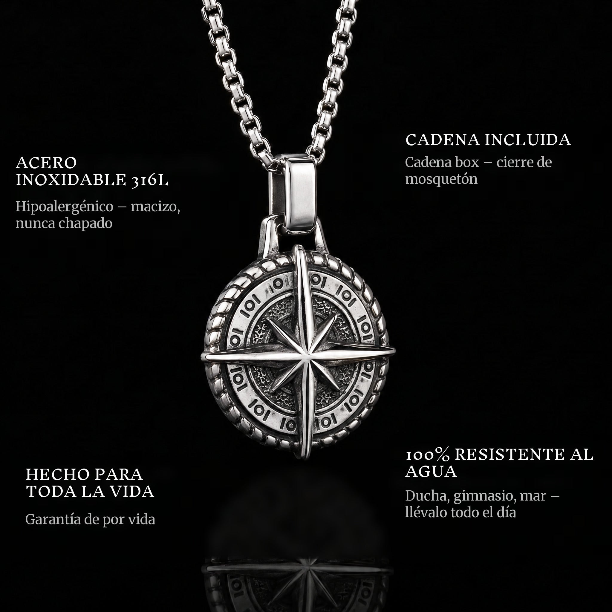 Compass Of Life pendant features: 316L stainless steel, chain included, 100% waterproof, lifetime guarantee