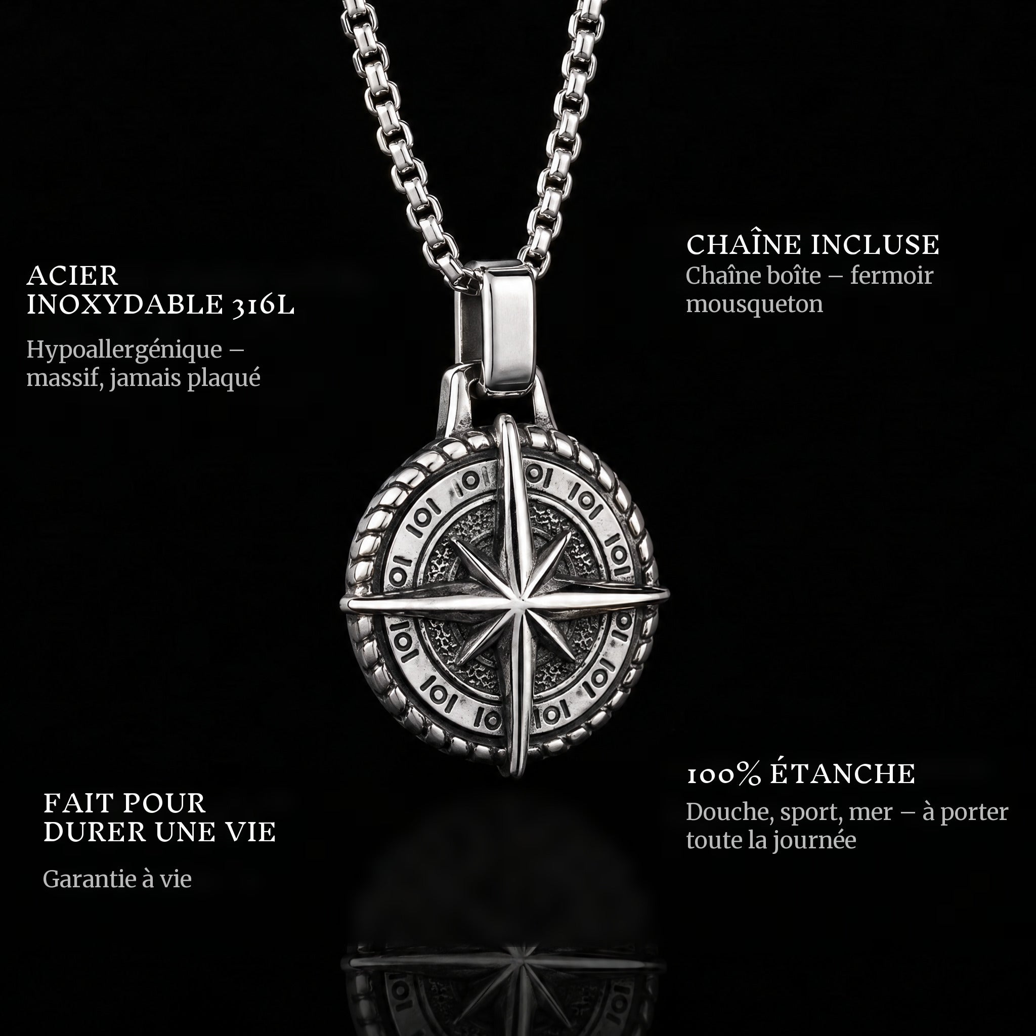 Compass Of Life pendant features: 316L stainless steel, chain included, 100% waterproof, lifetime guarantee