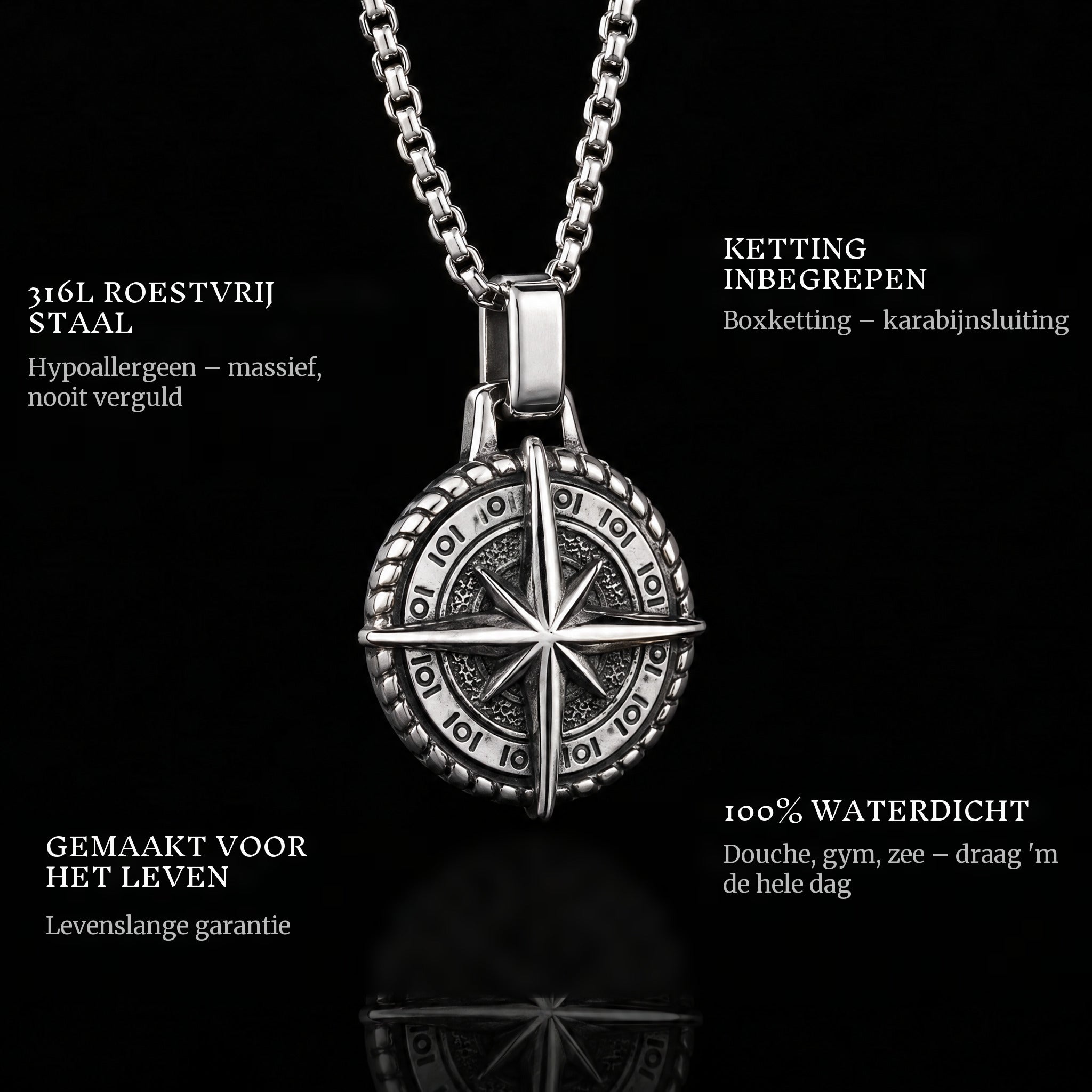 Compass Of Life pendant features: 316L stainless steel, chain included, 100% waterproof, lifetime guarantee