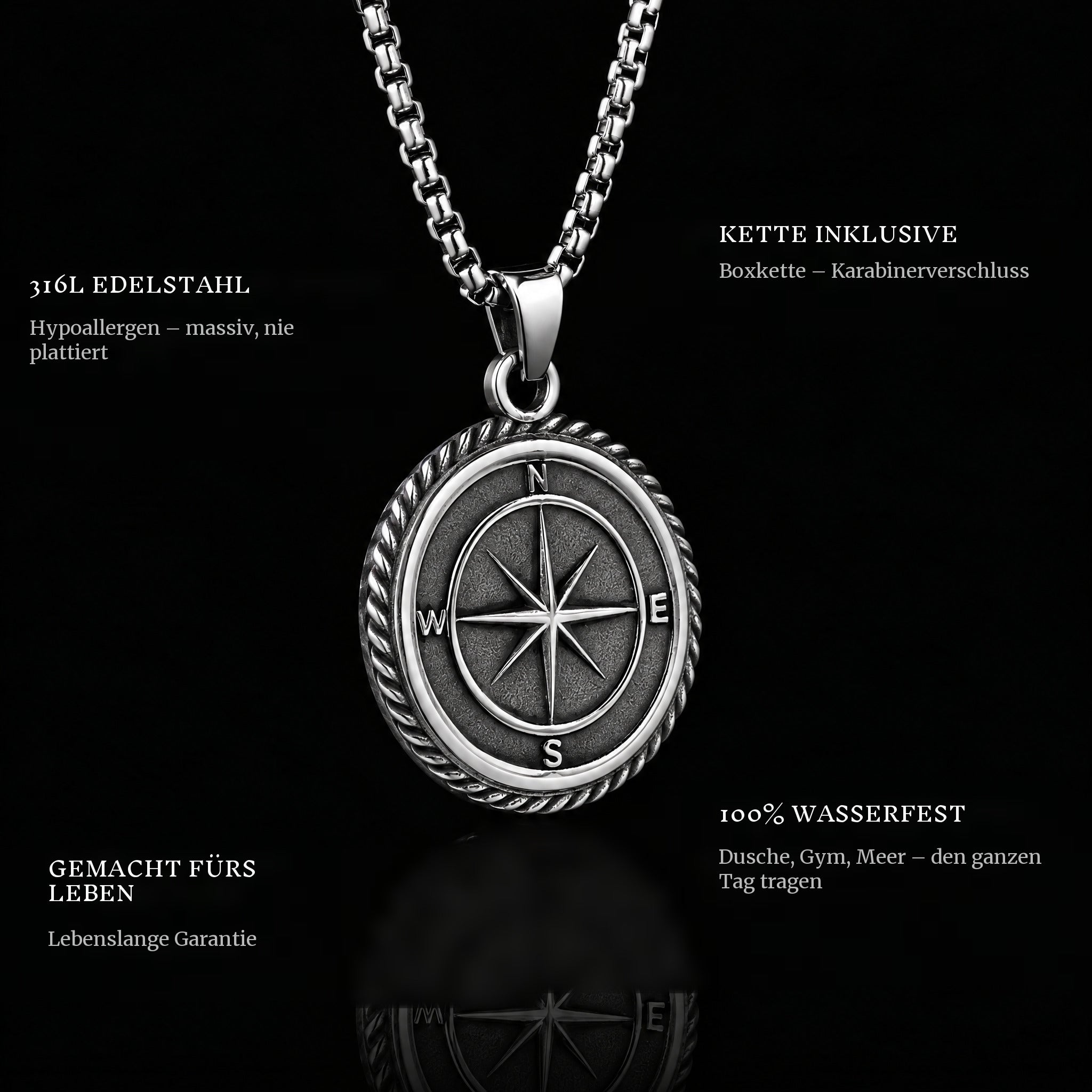 Compass pendant features: 316L stainless steel, chain included, 100% waterproof, lifetime guarantee