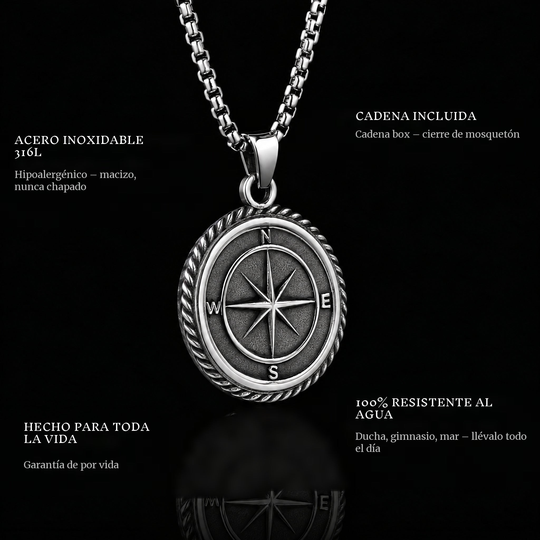 Compass pendant features: 316L stainless steel, chain included, 100% waterproof, lifetime guarantee