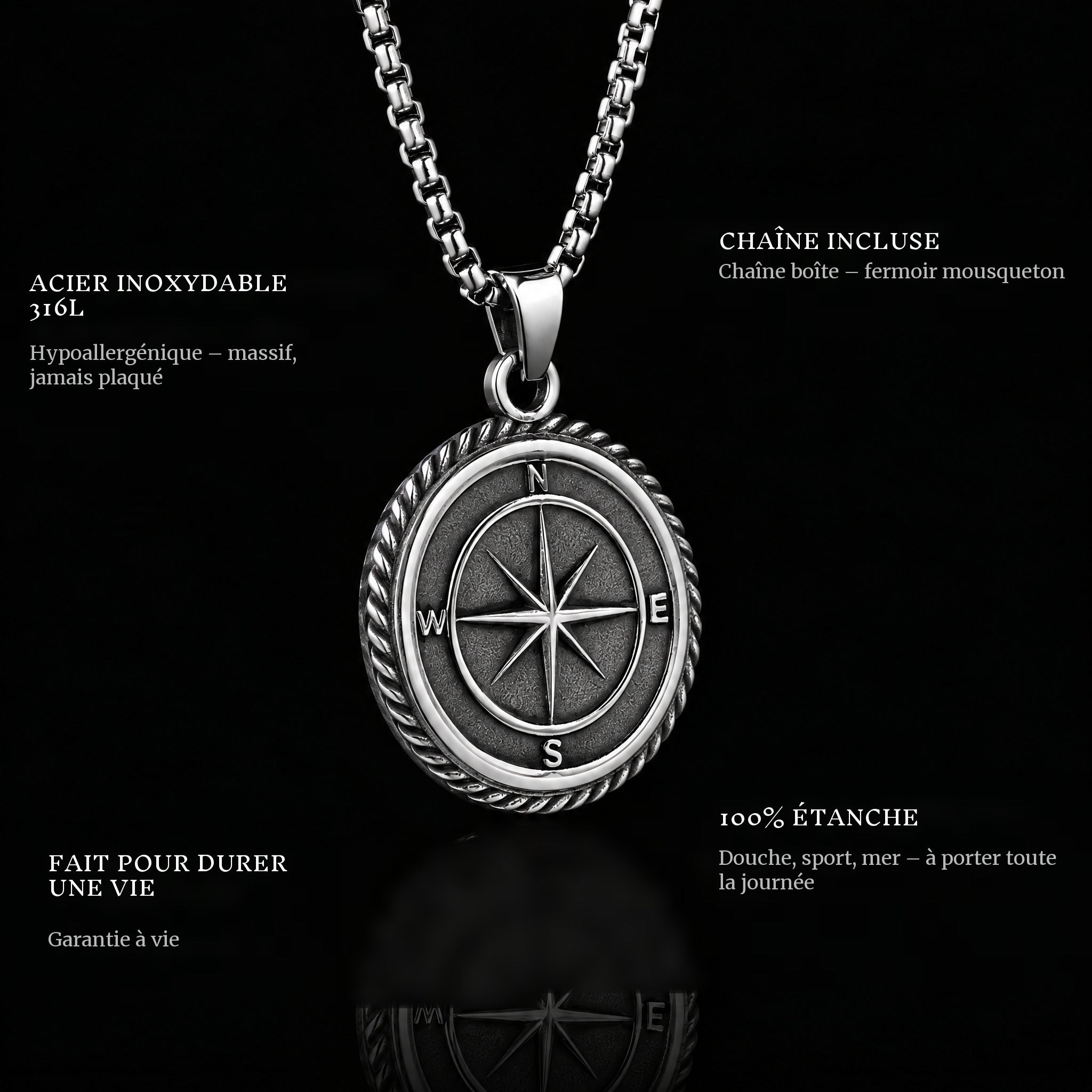 Compass pendant features: 316L stainless steel, chain included, 100% waterproof, lifetime guarantee