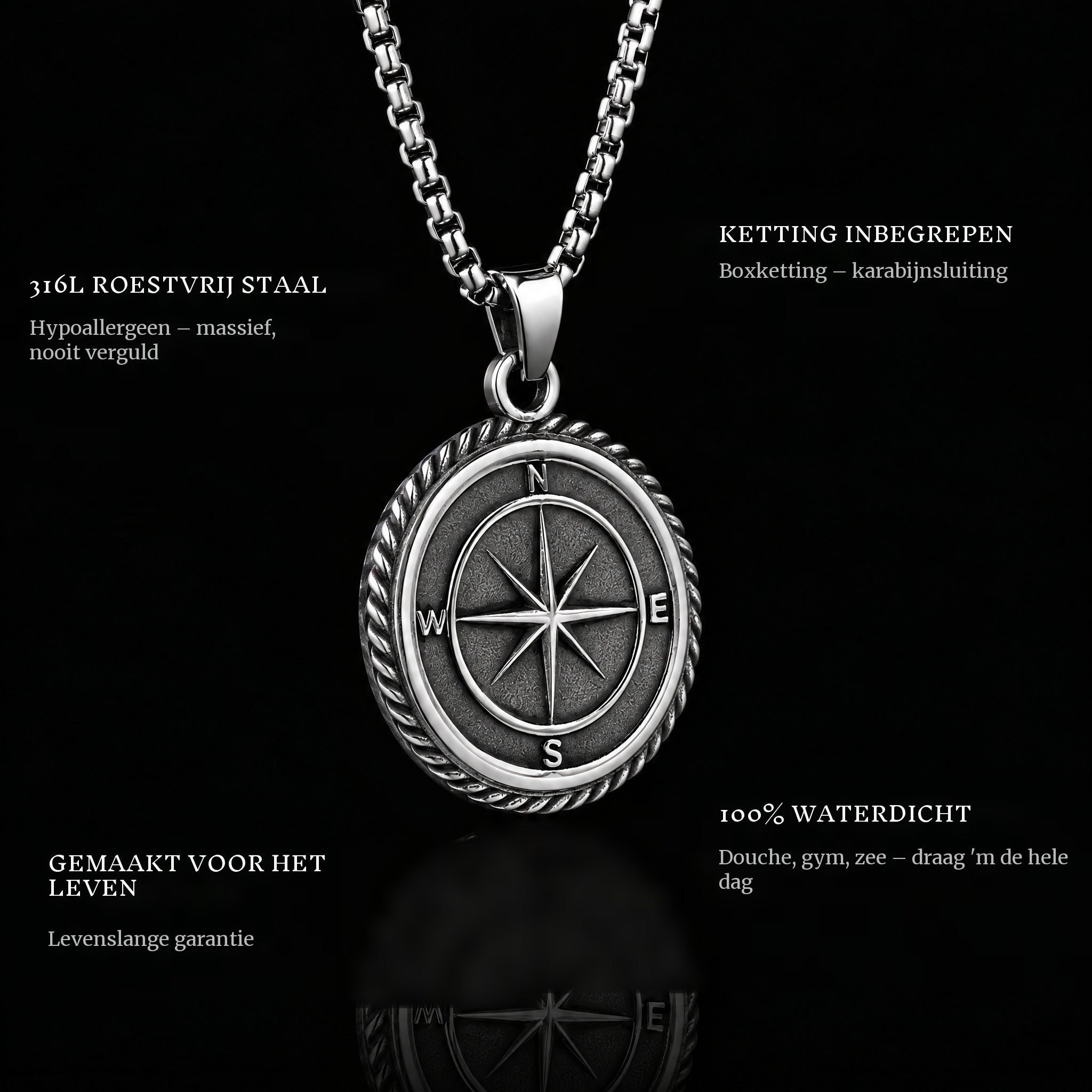Compass pendant features: 316L stainless steel, chain included, 100% waterproof, lifetime guarantee