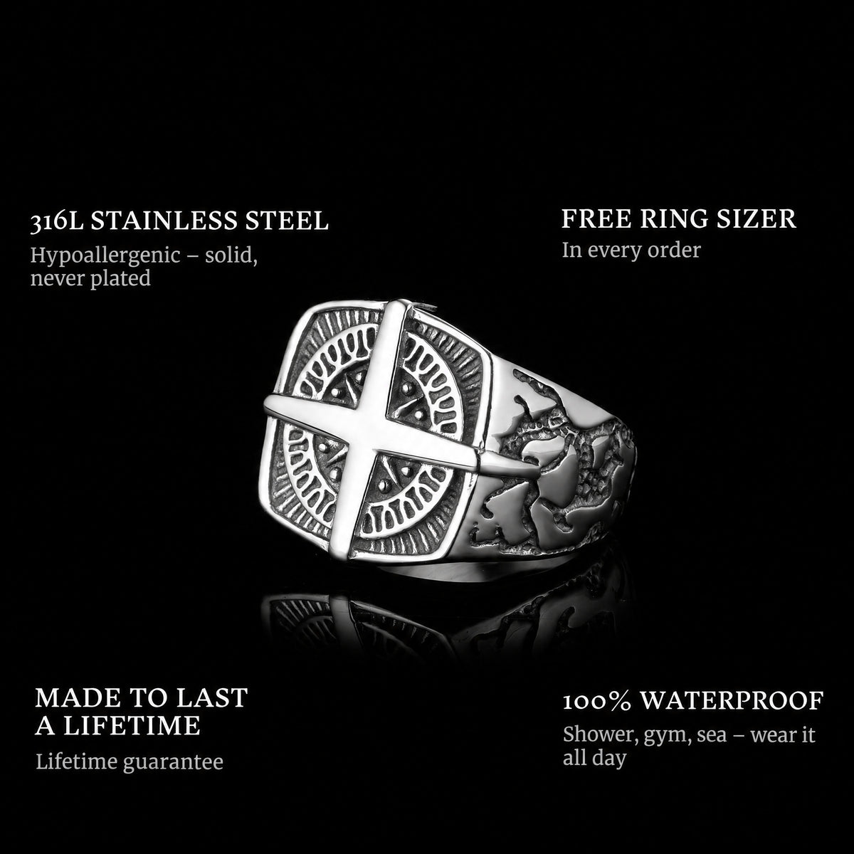 Compass ring features: 316L stainless steel, free ring sizer in every order, 100% waterproof, lifetime guarantee