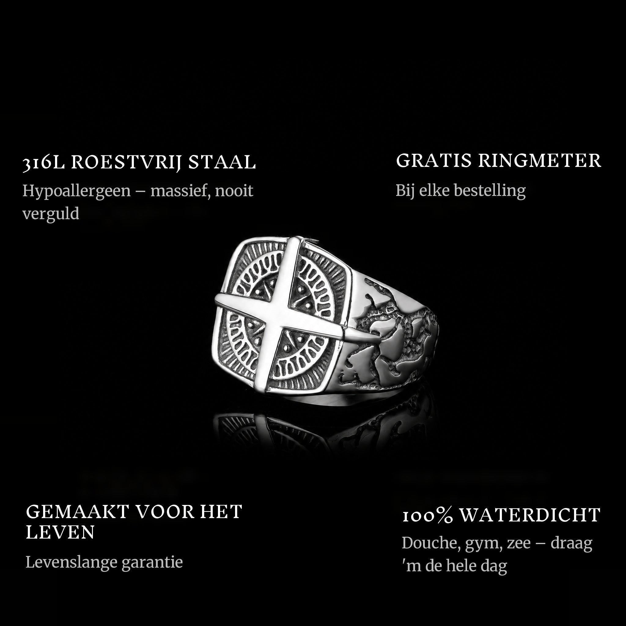 Compass ring features: 316L stainless steel, free ring sizer in every order, 100% waterproof, lifetime guarantee