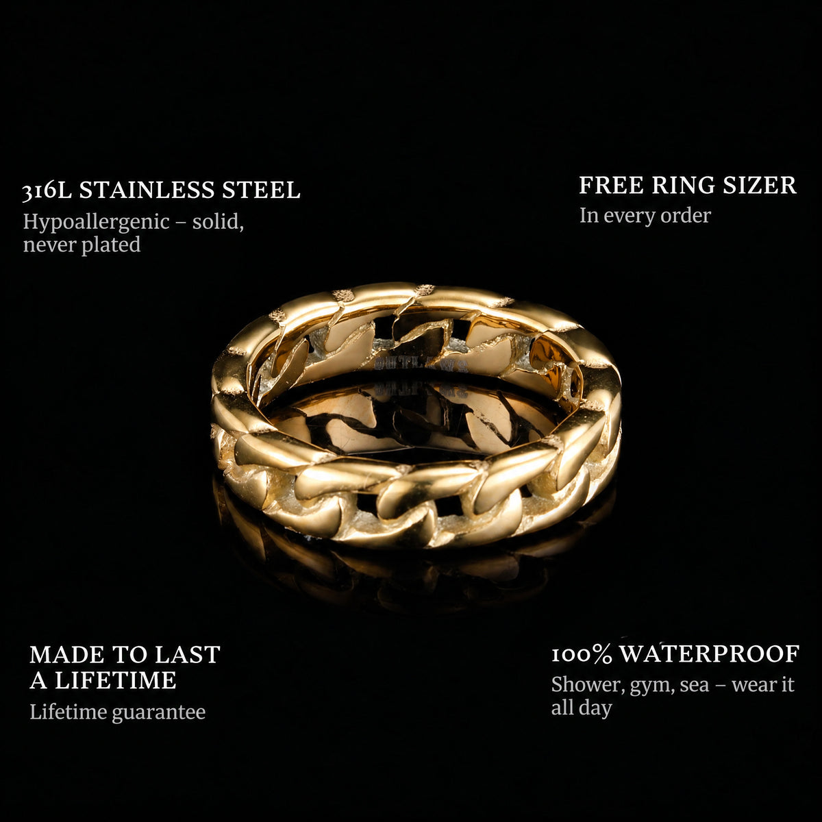 Connect Gold ring features: 316L stainless steel, free ring sizer in every order, 100% waterproof, lifetime guarantee