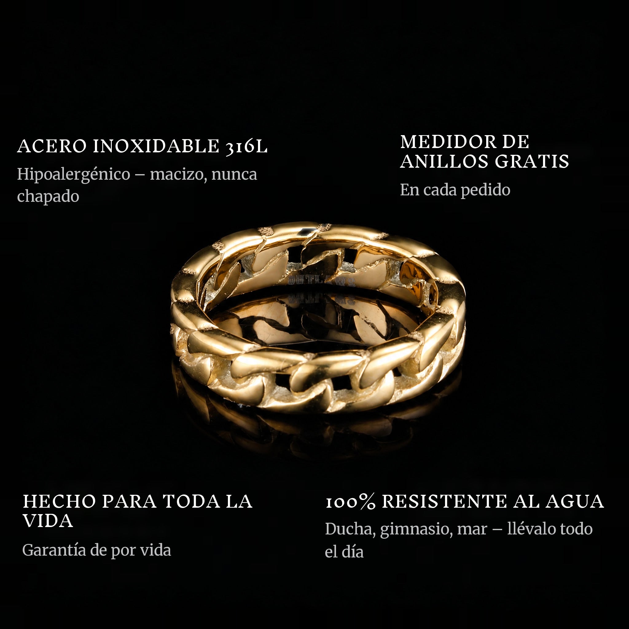 Connect Gold ring features: 316L stainless steel, free ring sizer in every order, 100% waterproof, lifetime guarantee