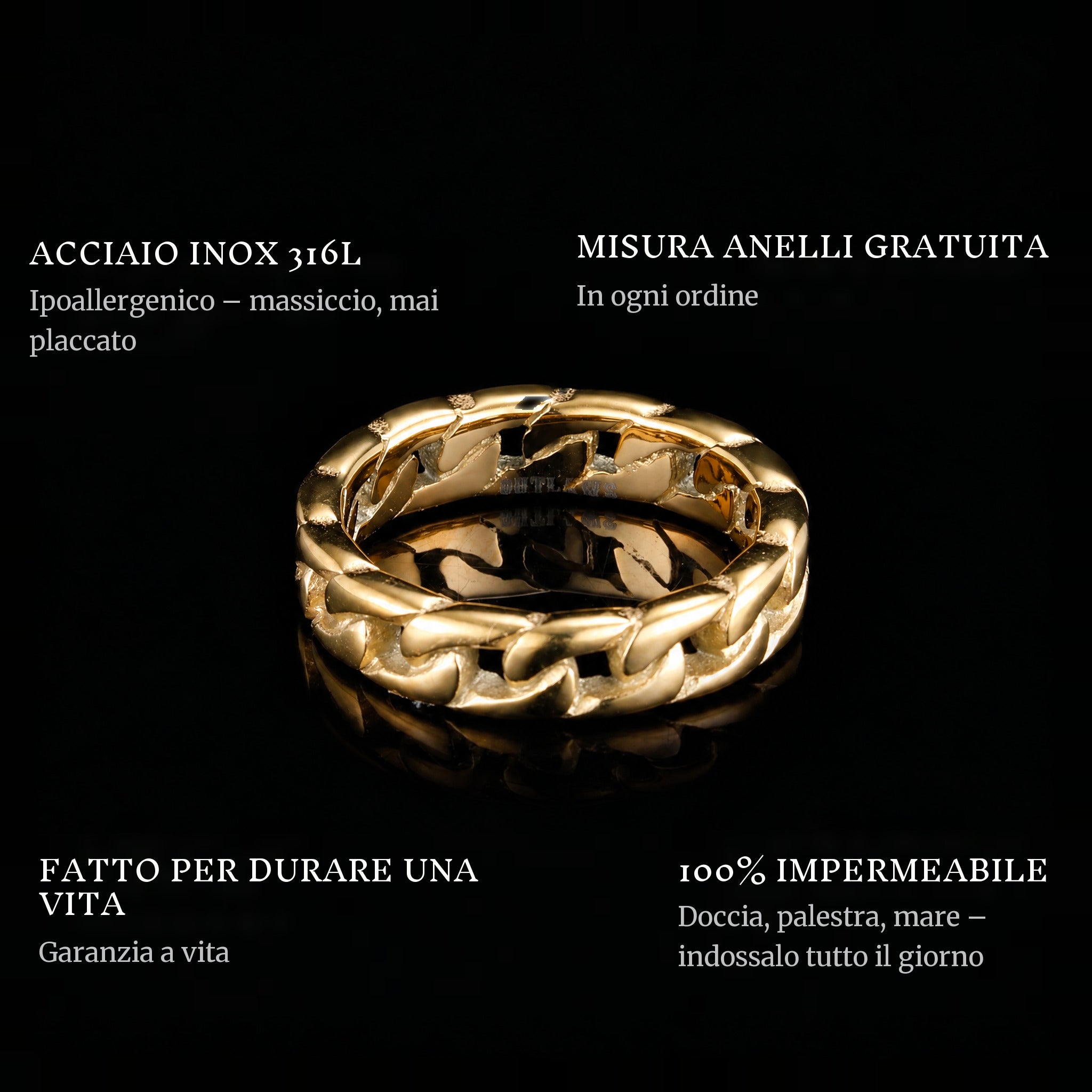 Connect Gold ring features: 316L stainless steel, free ring sizer in every order, 100% waterproof, lifetime guarantee