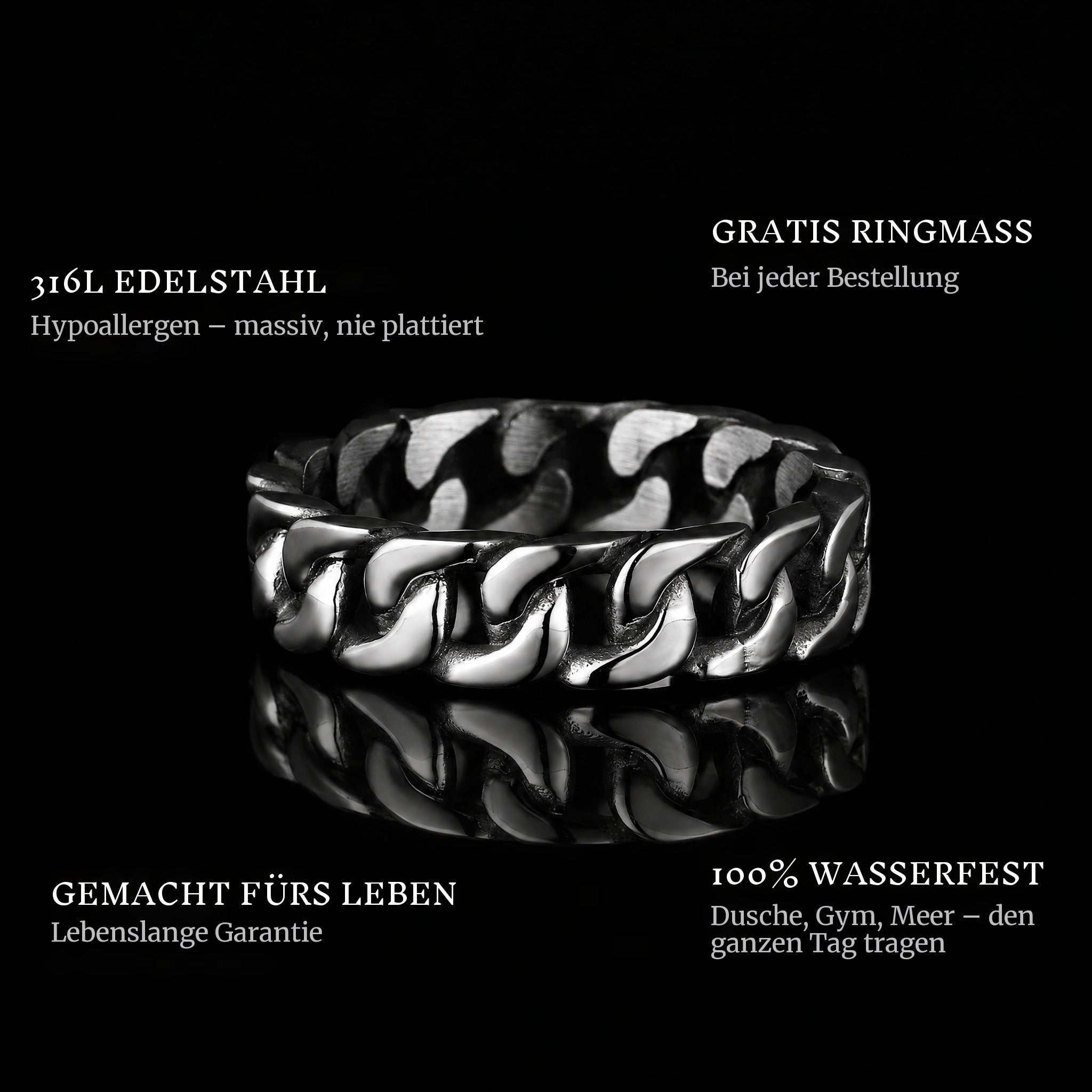 Connect Silver ring features: 316L stainless steel, free ring sizer in every order, 100% waterproof, lifetime guarantee