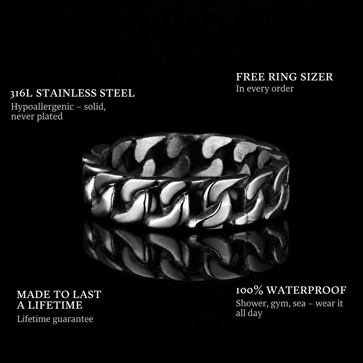 Connect Silver ring features: 316L stainless steel, free ring sizer in every order, 100% waterproof, lifetime guarantee