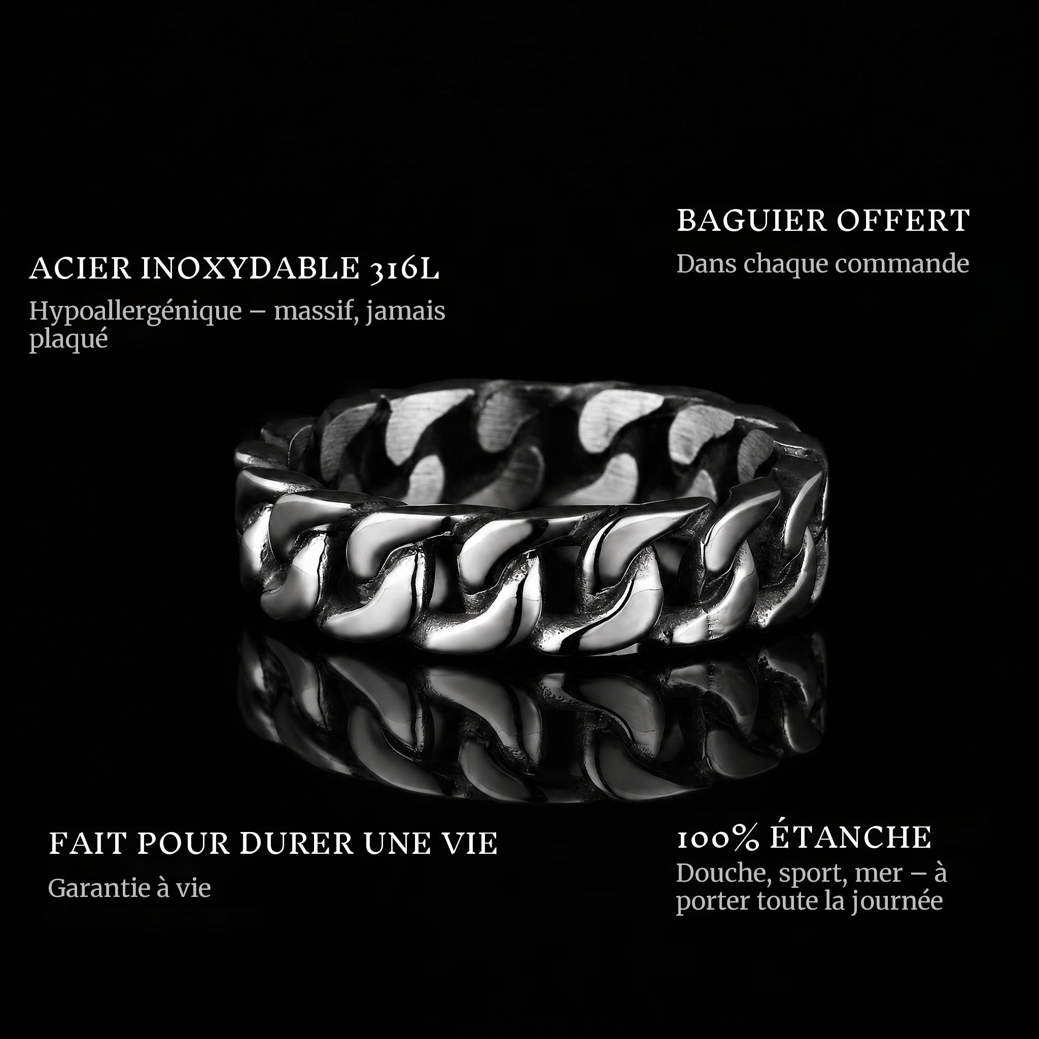 Connect Silver ring features: 316L stainless steel, free ring sizer in every order, 100% waterproof, lifetime guarantee