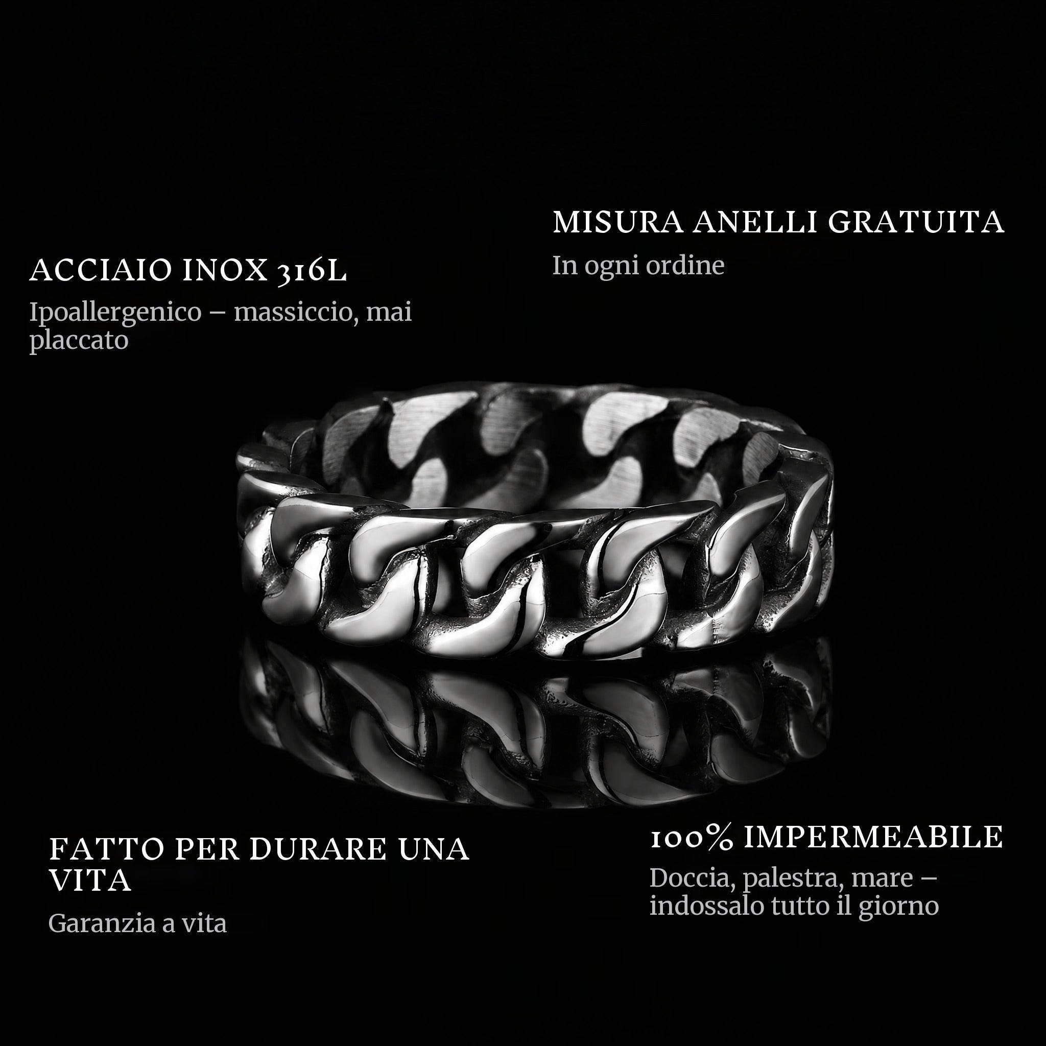 Connect Silver ring features: 316L stainless steel, free ring sizer in every order, 100% waterproof, lifetime guarantee