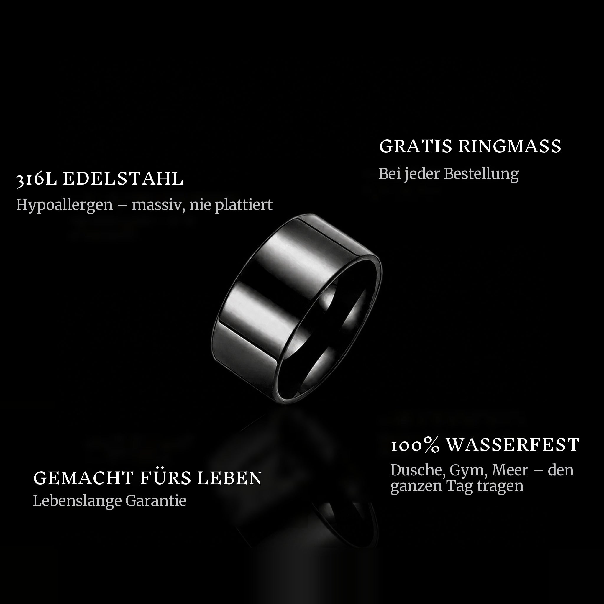 Chrome Black ring features: 316L stainless steel, free ring sizer in every order, 100% waterproof, lifetime guarantee