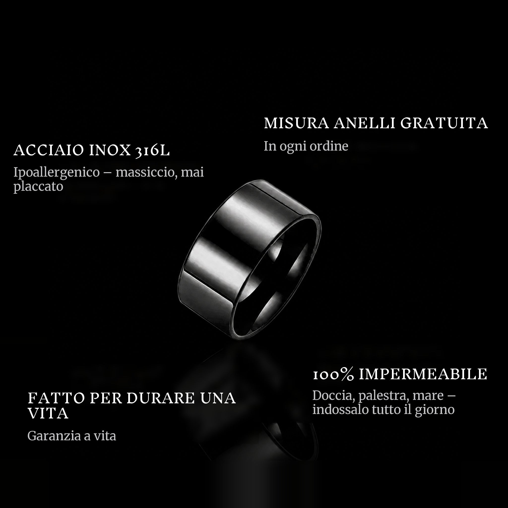 Chrome Black ring features: 316L stainless steel, free ring sizer in every order, 100% waterproof, lifetime guarantee