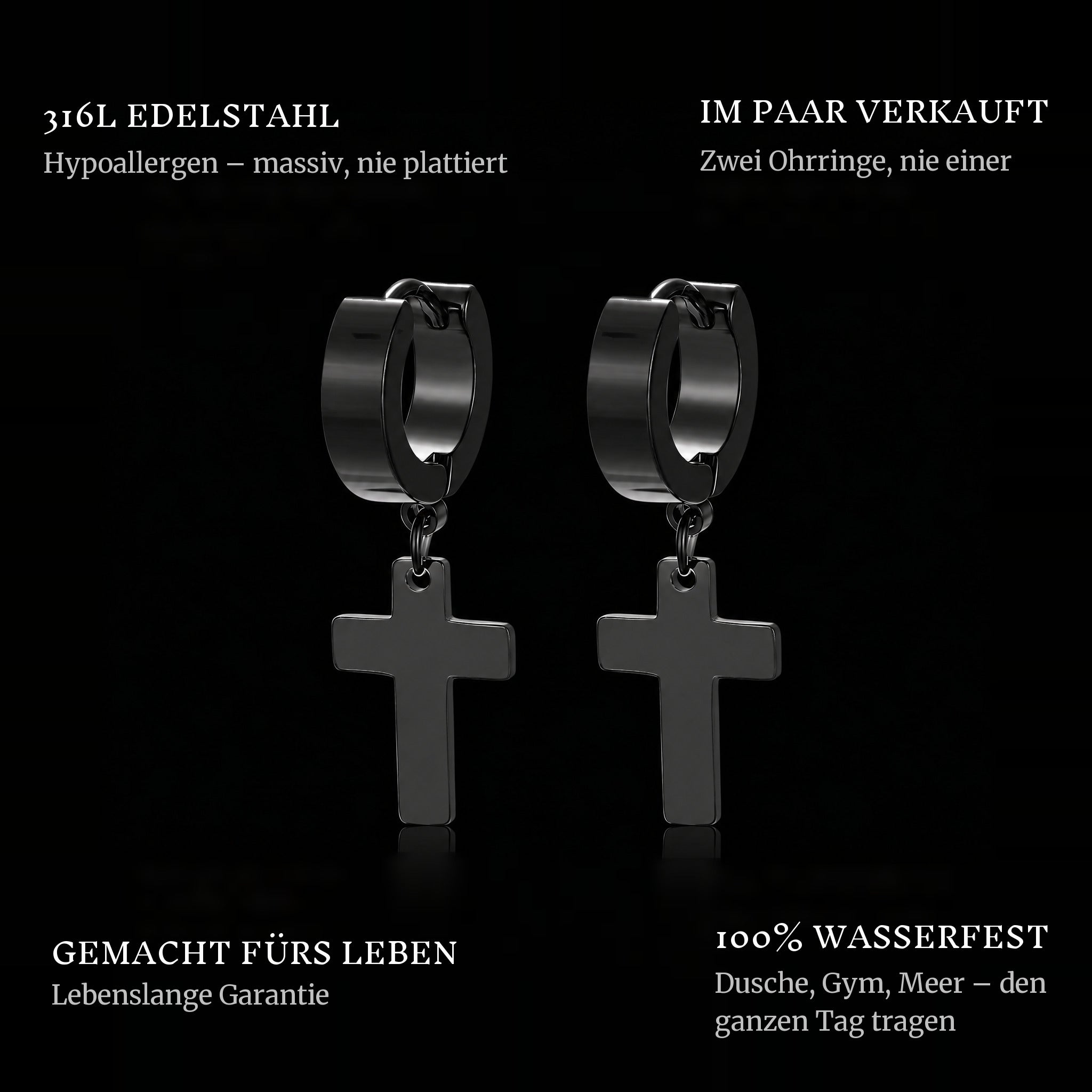 Cross Hanger Earrings Black features: 316L stainless steel, sold as a pair, 100% waterproof, lifetime guarantee